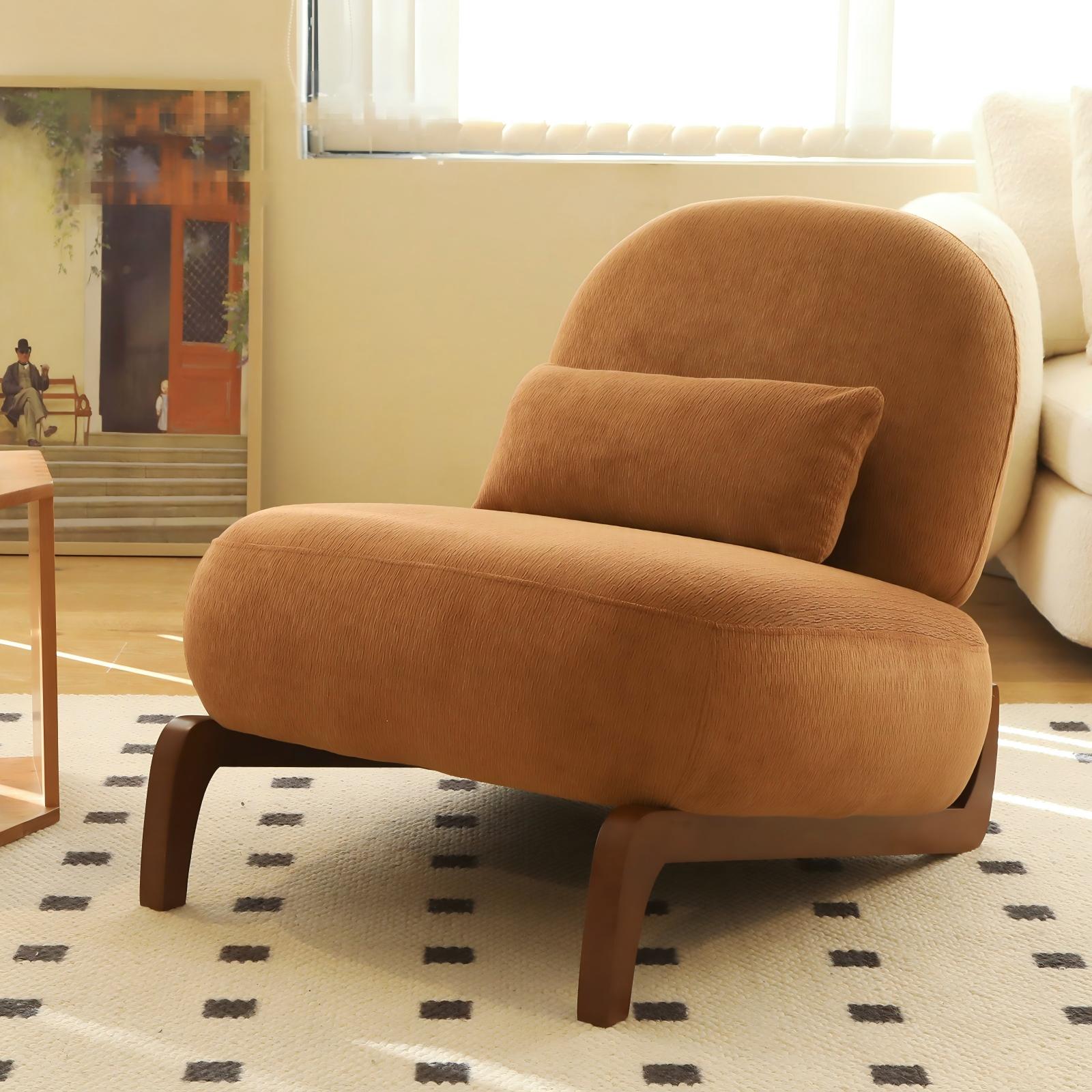 Fauteuil accent mignon bois jambes tissu doux beige caramel