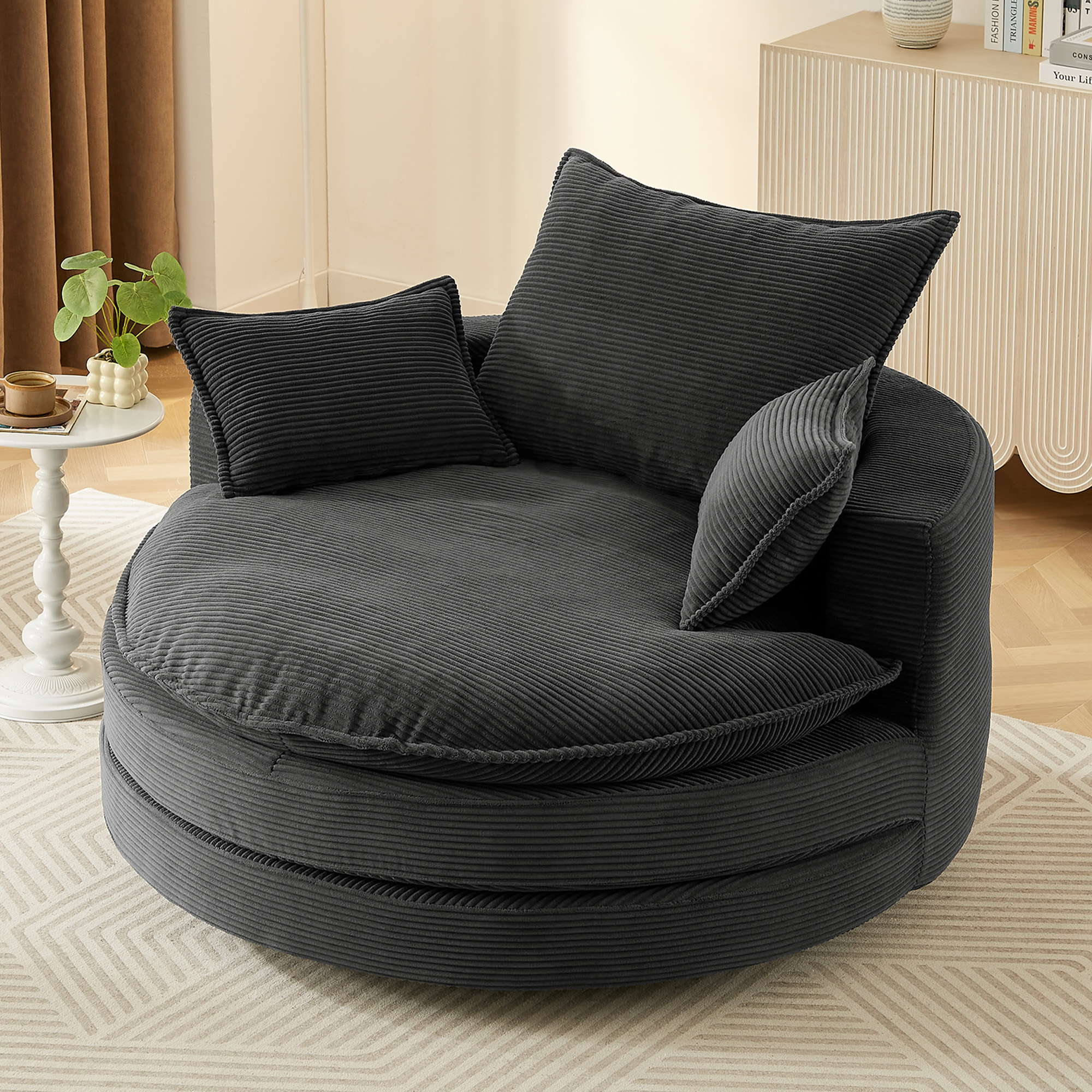 Fauteuil tonneau pivotant 360° 57,5 po, 3 coussins noir