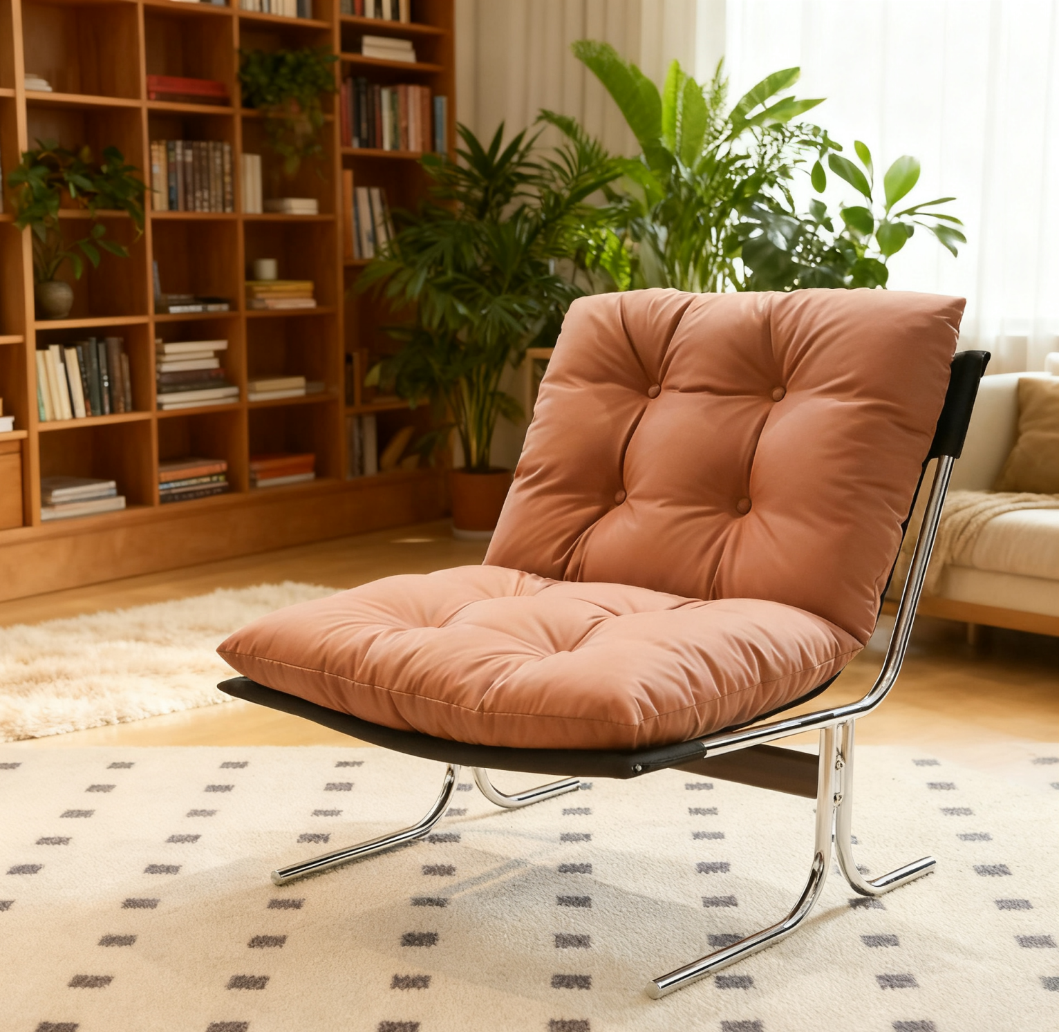 Fauteuil cuir accent, dossier haut, pieds métal, rembourrage doux