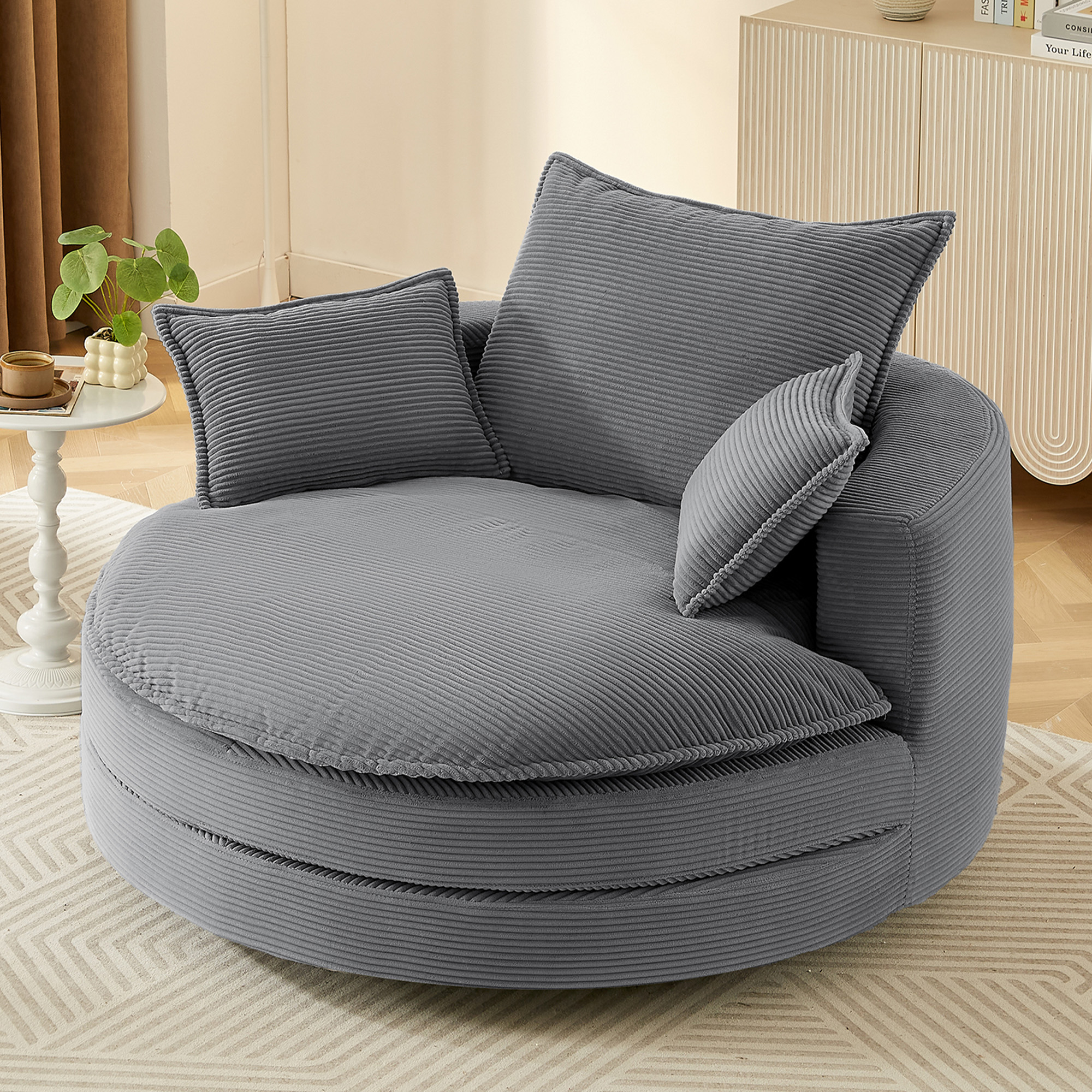 Fauteuil pivotant 360° tonneau 57,5" coussin double couche 3 oreillers gris