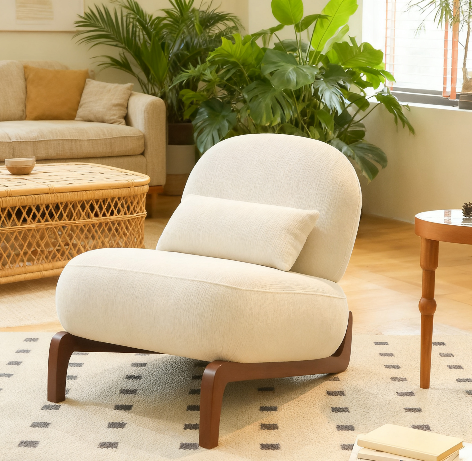 Fauteuil accent bois jambes, coussin tissu, blanc