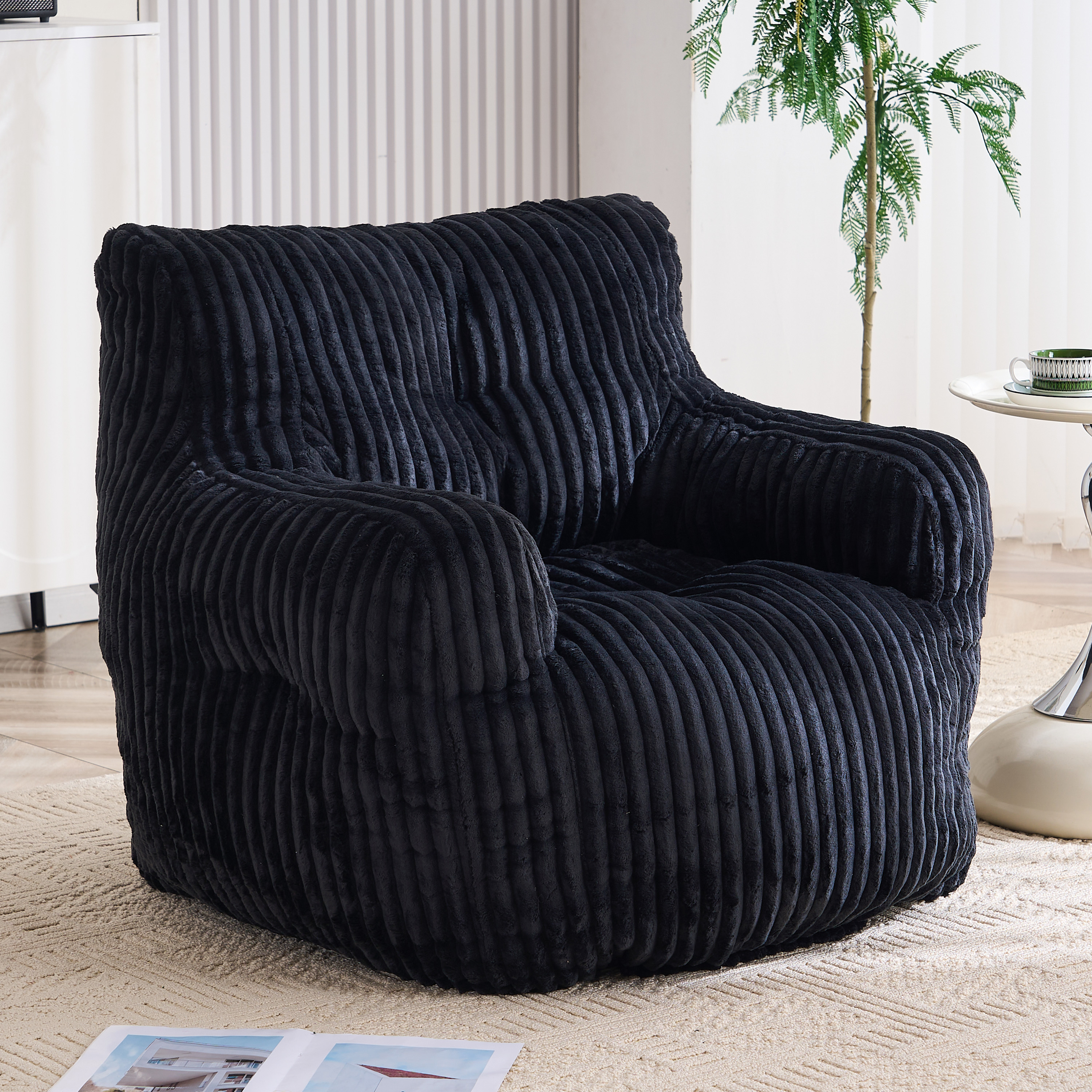 Fauteuil poire corduroy fluide noir, rembourrage mousse