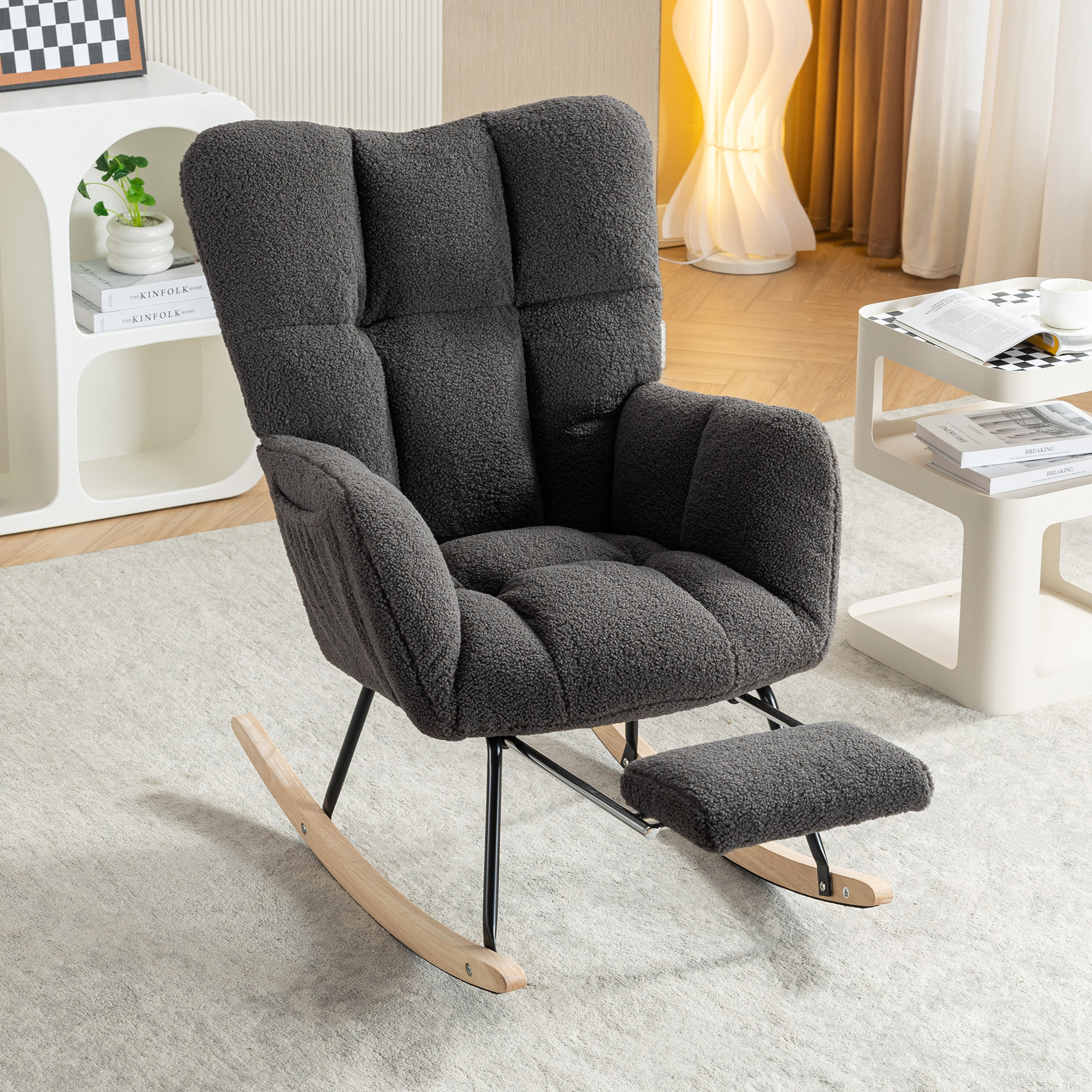 067-Teddy Chaise berçante tissu gris avec repose-pieds ajustable
