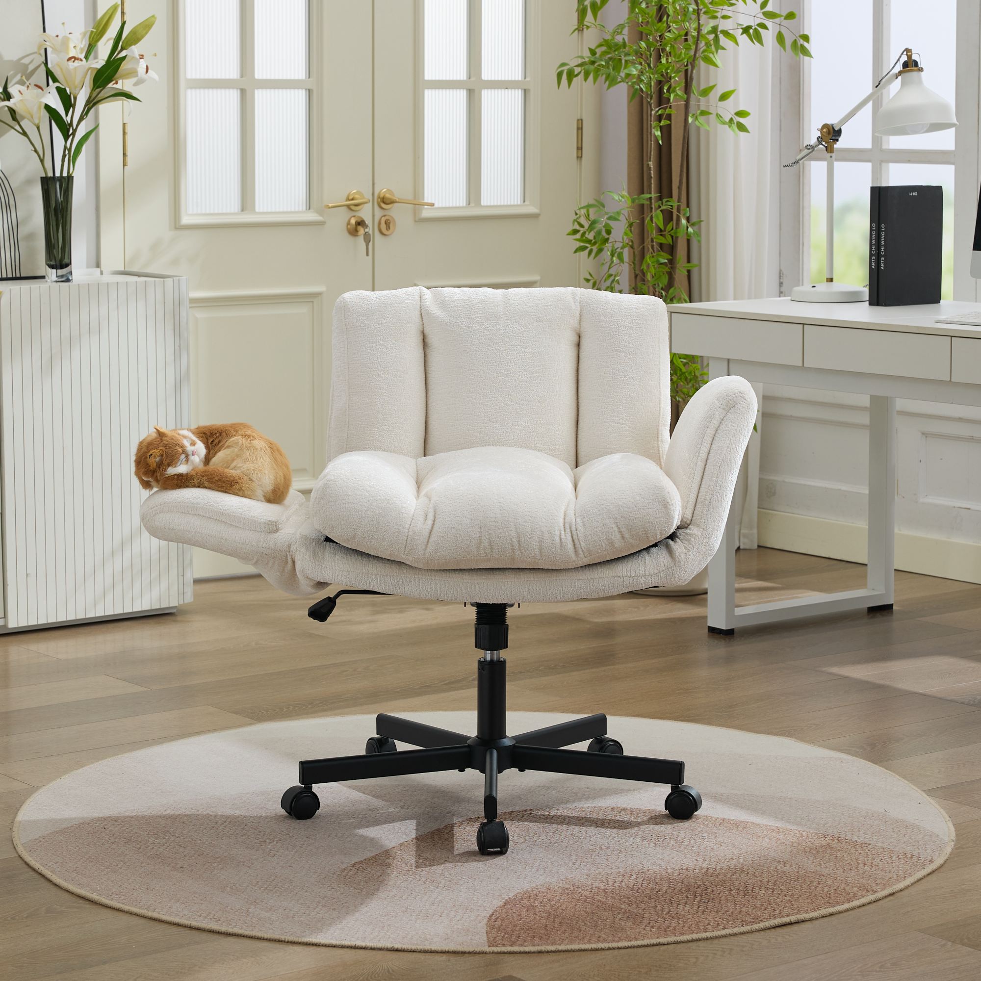 Chaise bureau chenille pivotante accoudoir SW5028BG crème