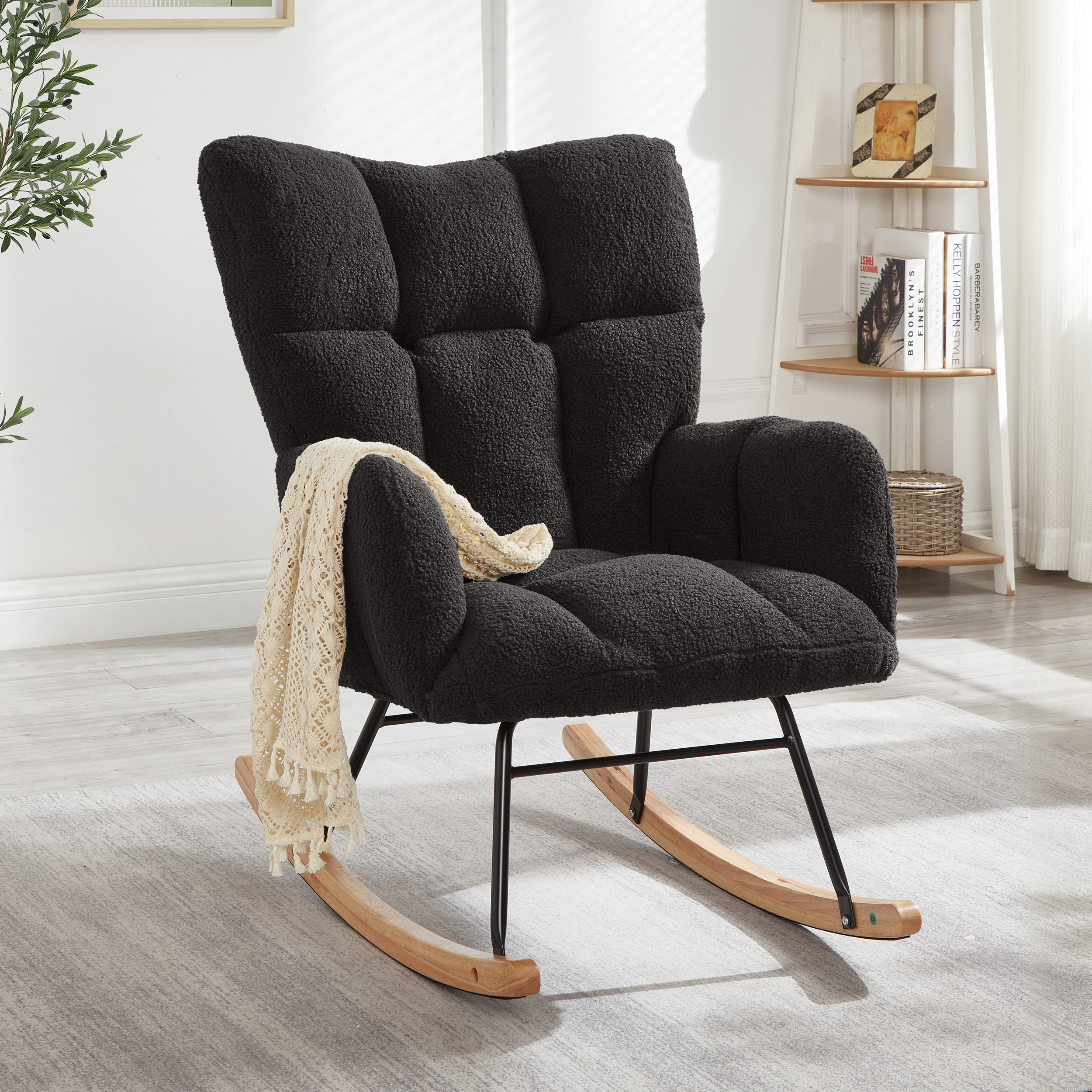Fauteuil bascule teddy gris, cadre métal, capitonné