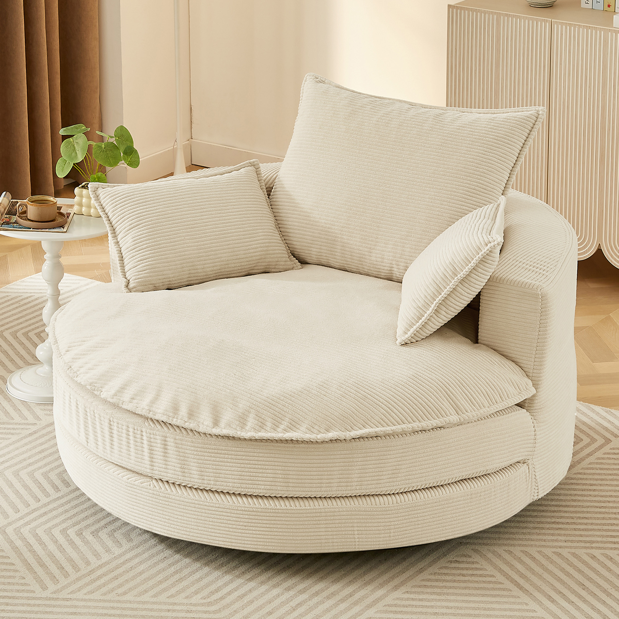 Fauteuil pivotant 360° 57,5" beige avec 3 coussins