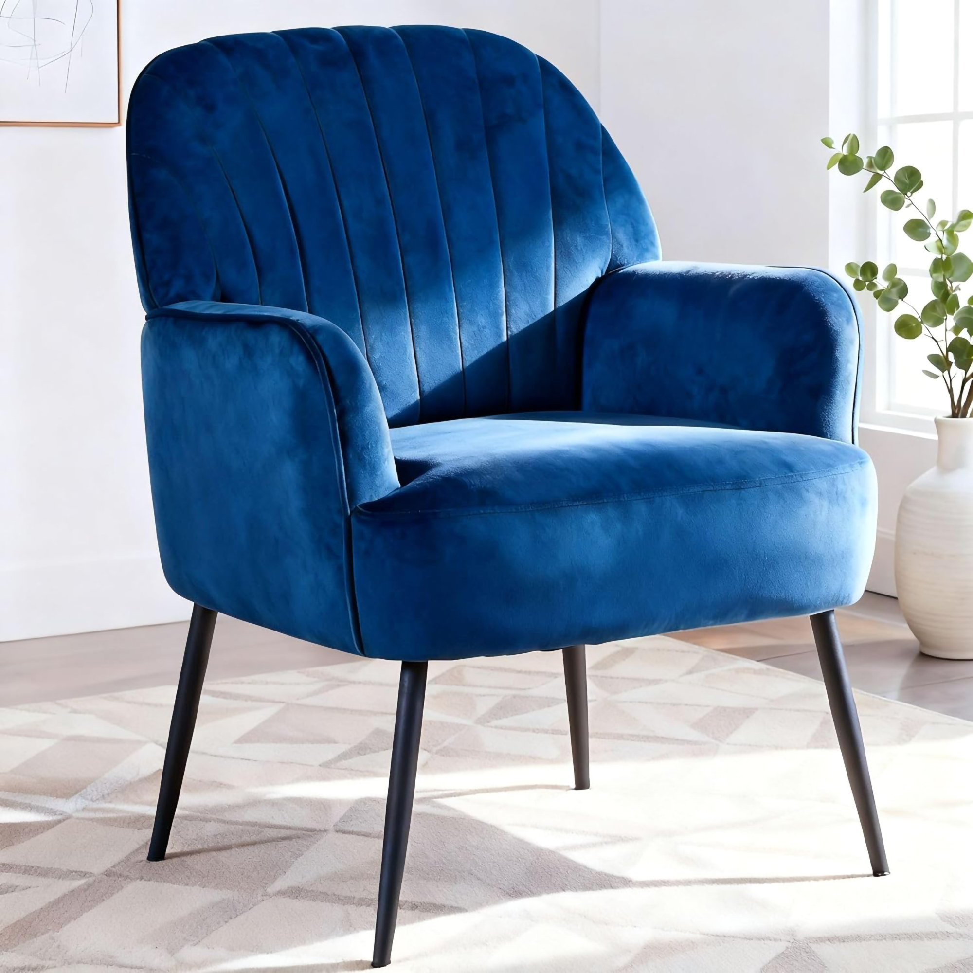 Fauteuil accent velours moderne bleu pieds métal