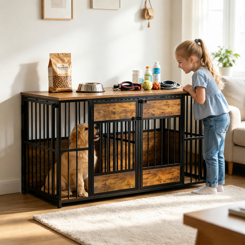Caisse chien bois meuble grand, niche avec rangement, cage intérieure