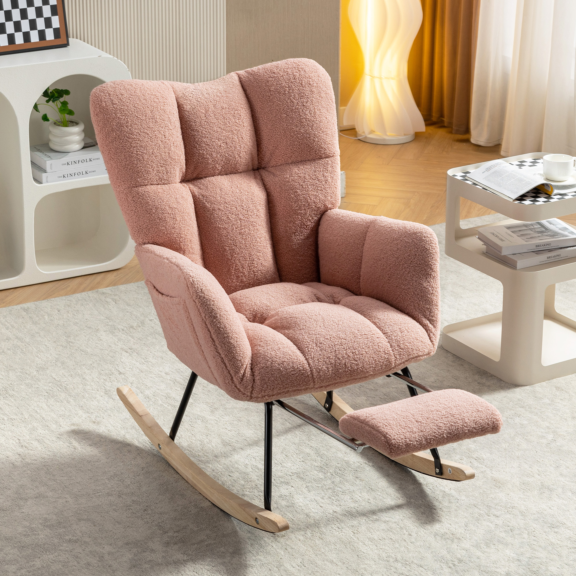 067-Teddy Chaise berçante tissu rose avec repose-pieds ajustable