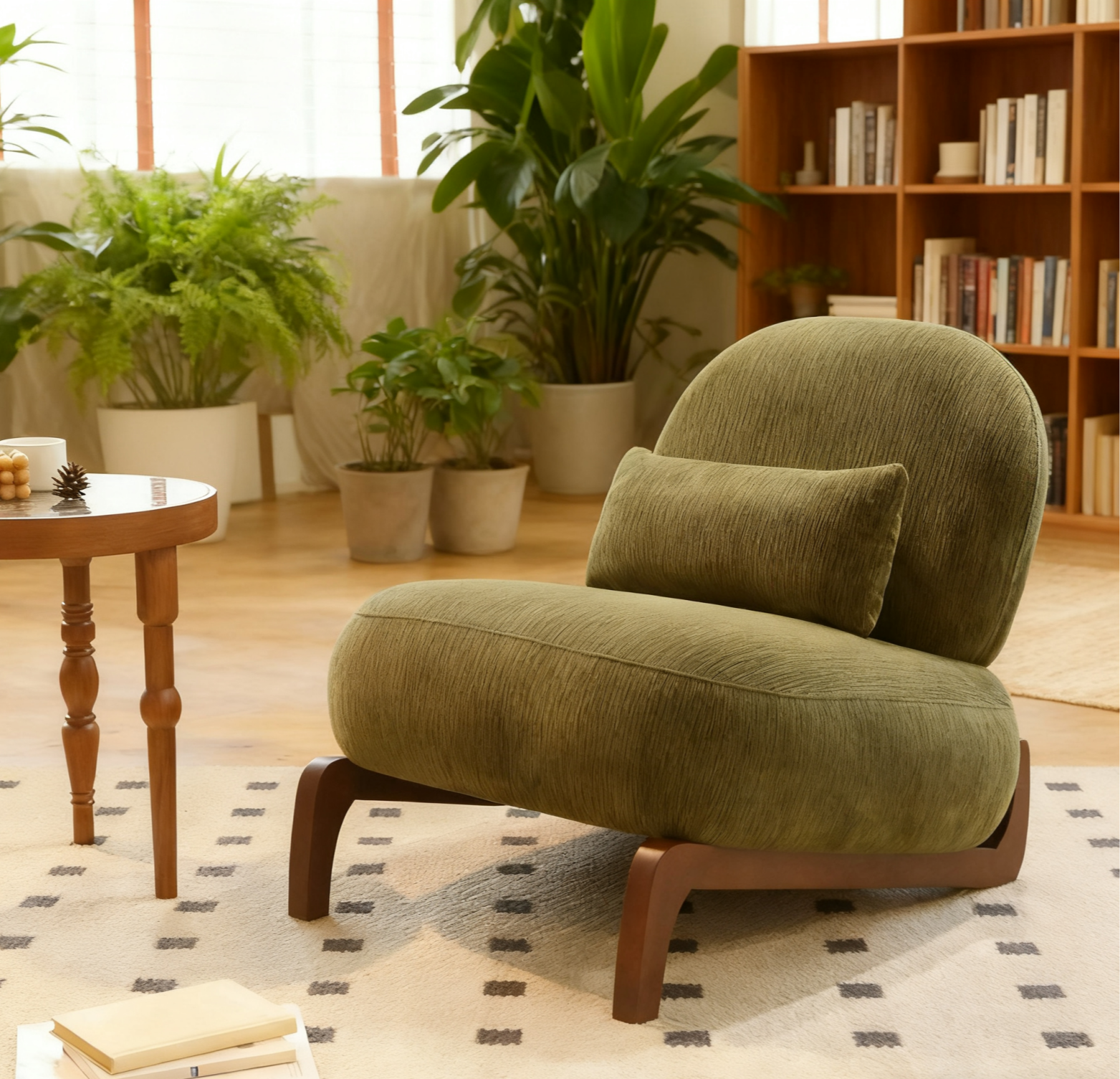 Fauteuil accent velours bois jambes, vert