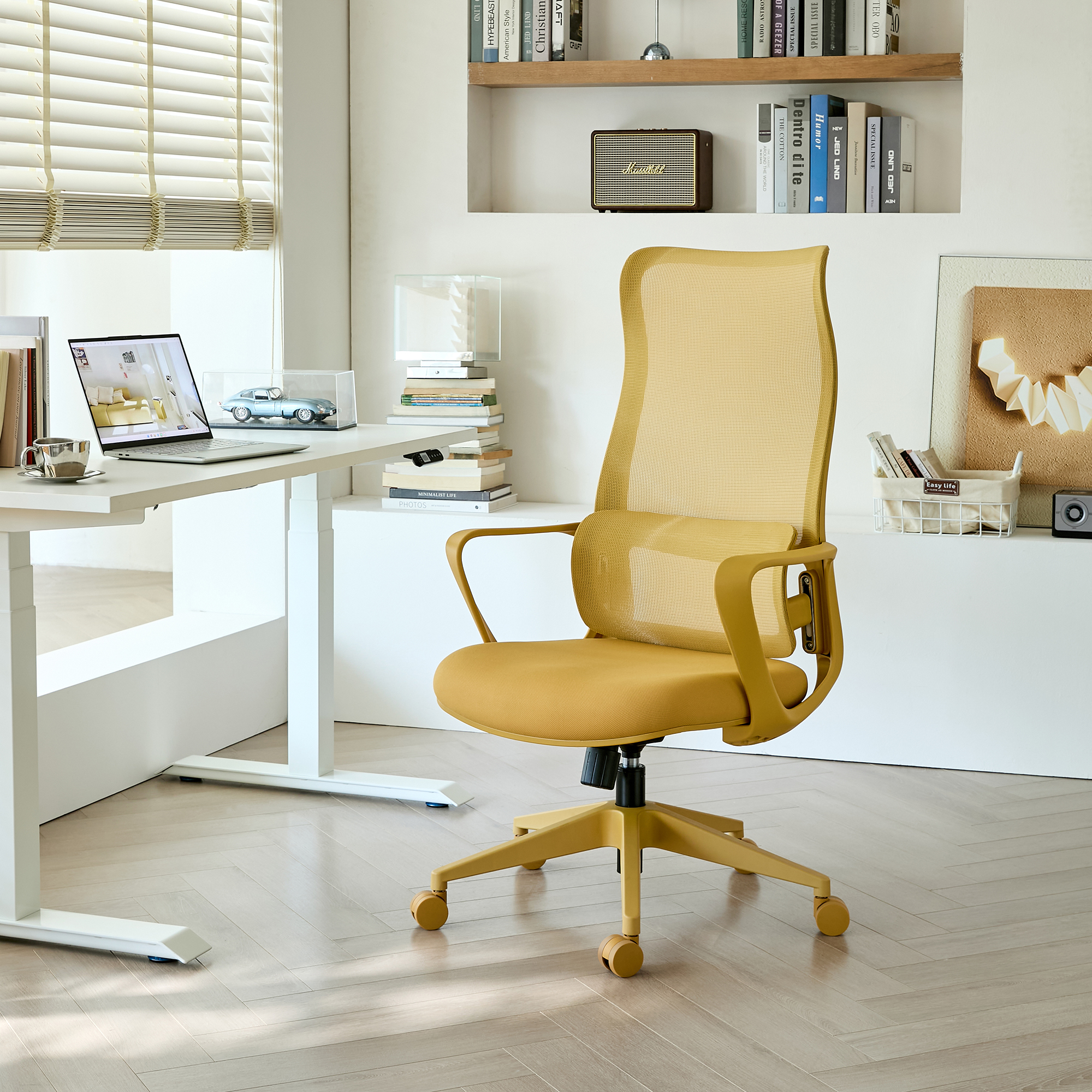 Chaise bureau ergonomique 350 lb, dossier mesh, support lombaire, jaune