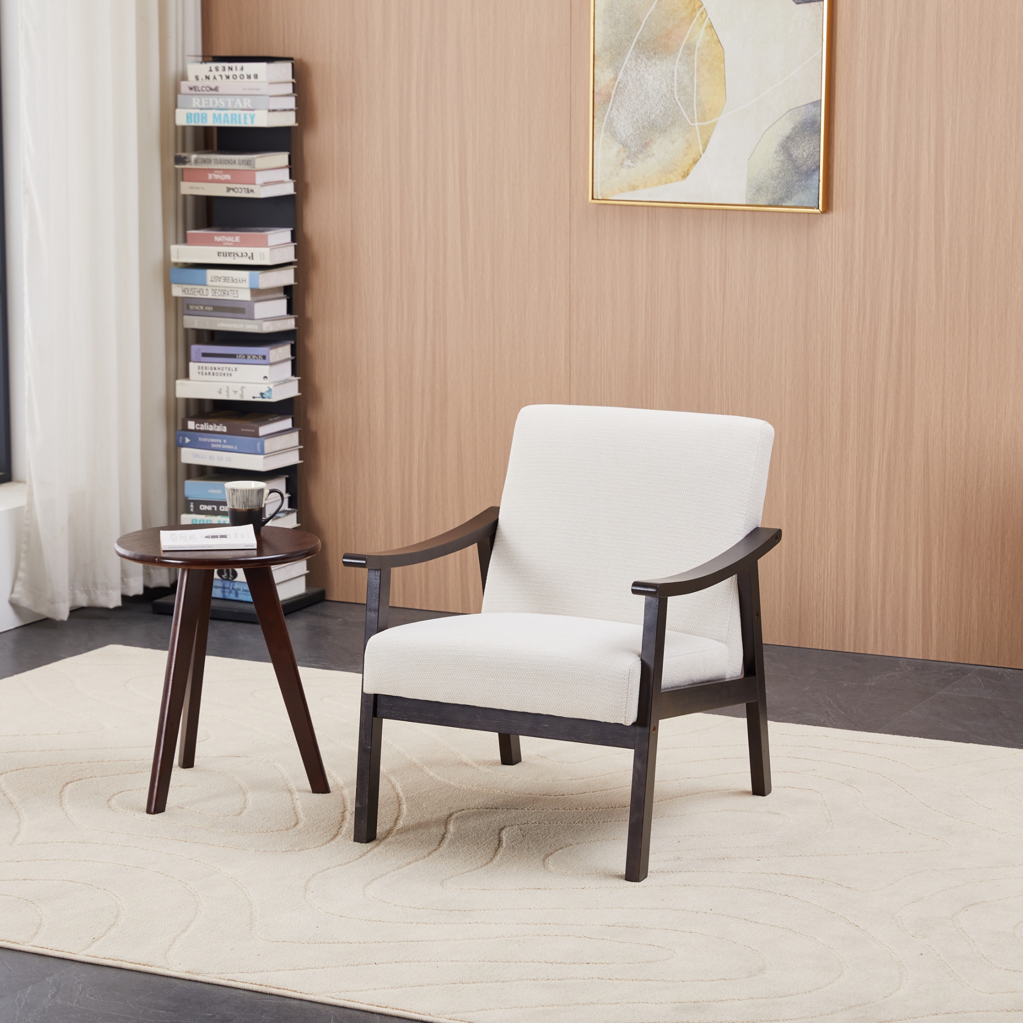 Fauteuil moderne dossier haut blanc, jambes bois massif