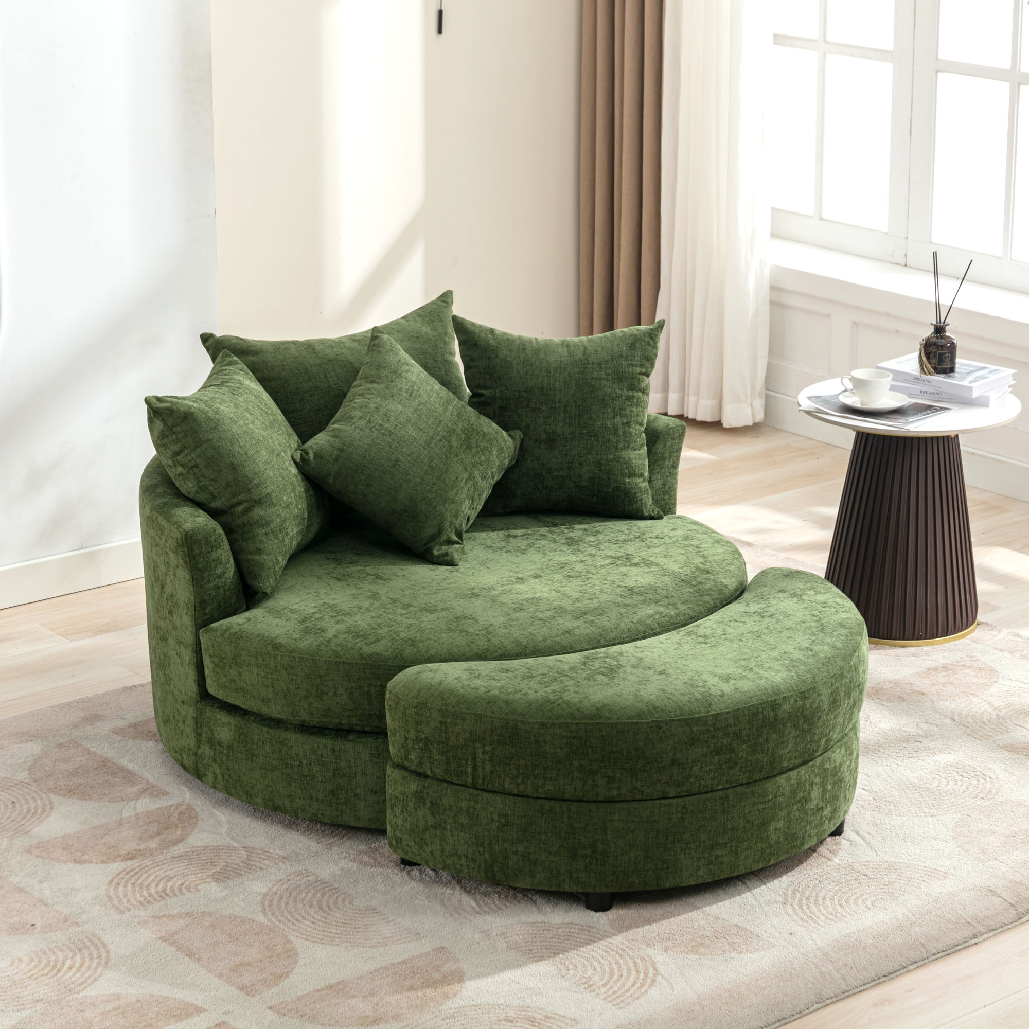 Orisfur. Fauteuil tonneau pivotant 360° ottoman vert