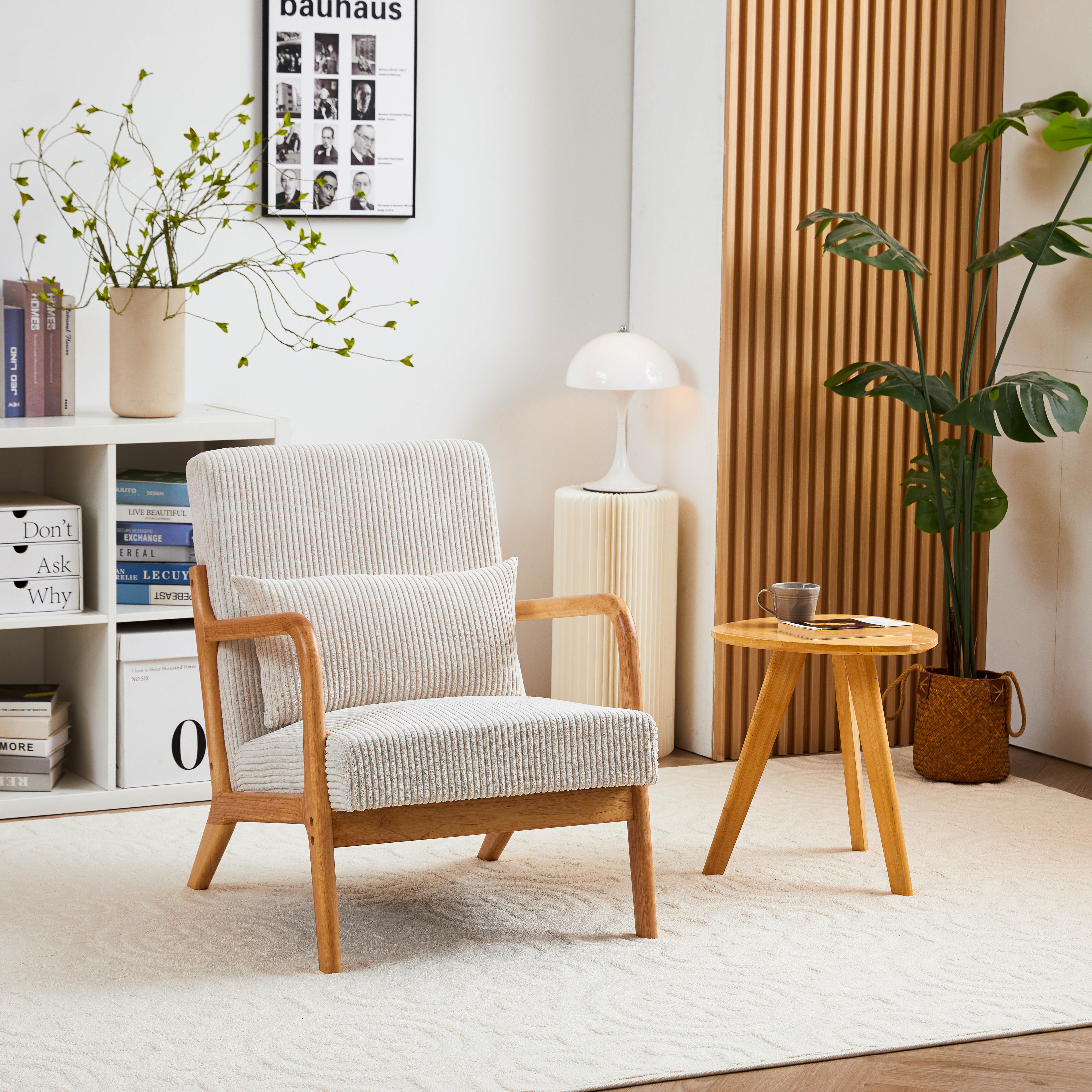 Fauteuil accent mi-siècle, bois massif, lin beige, salon