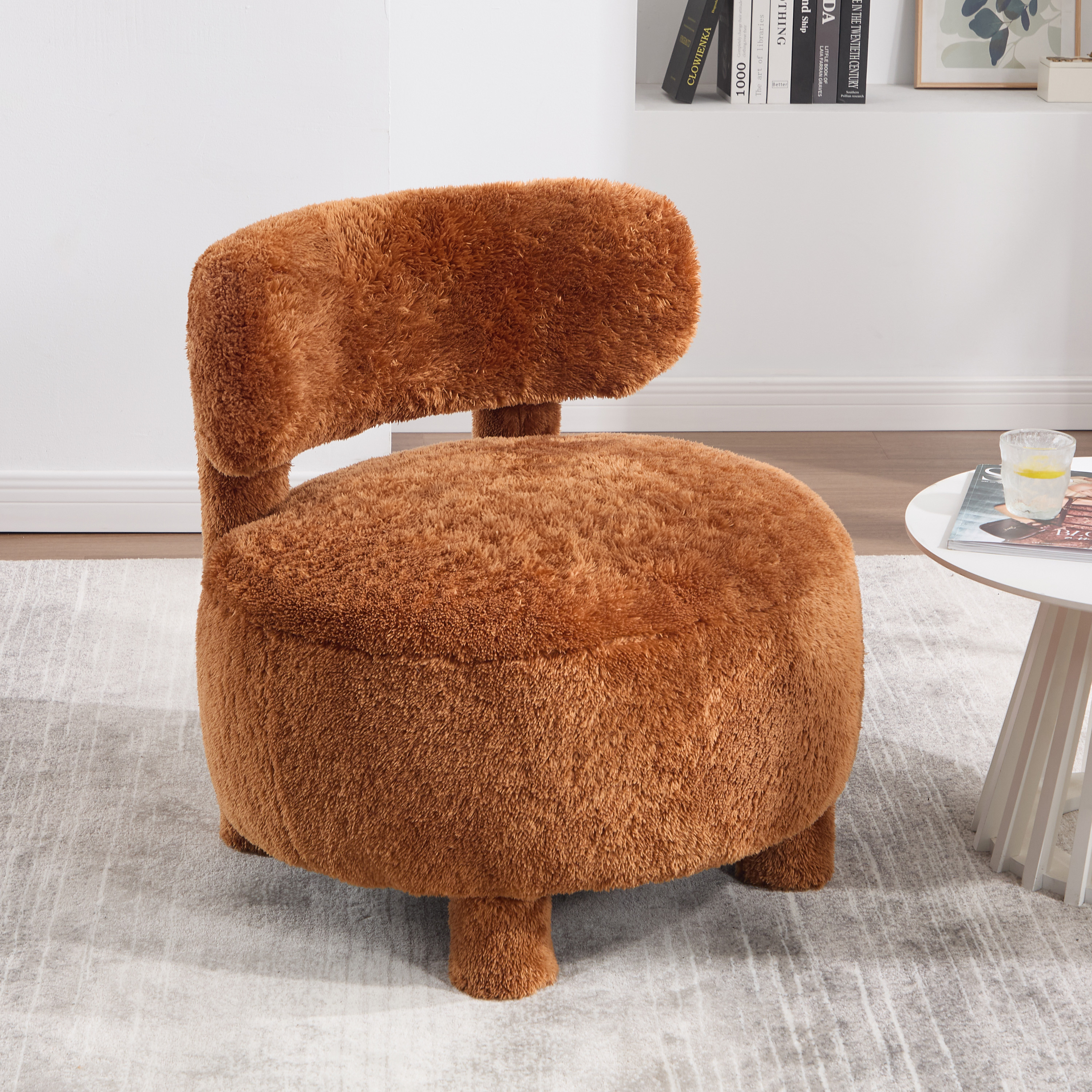 Fauteuil accent fourrure sans bras, pieds bois khaki