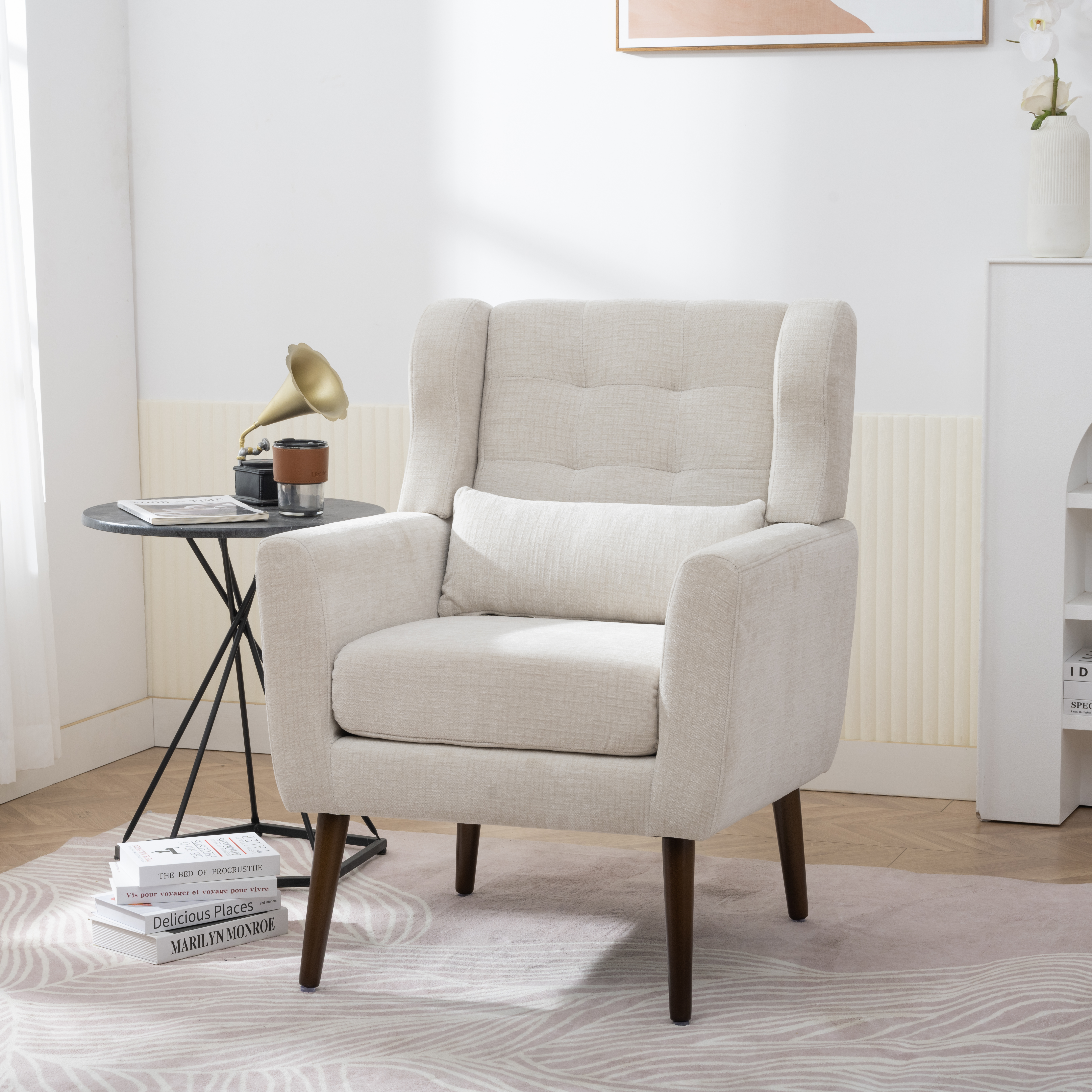 Fauteuil accent mousse, tissu chenille beige, style mi-siècle