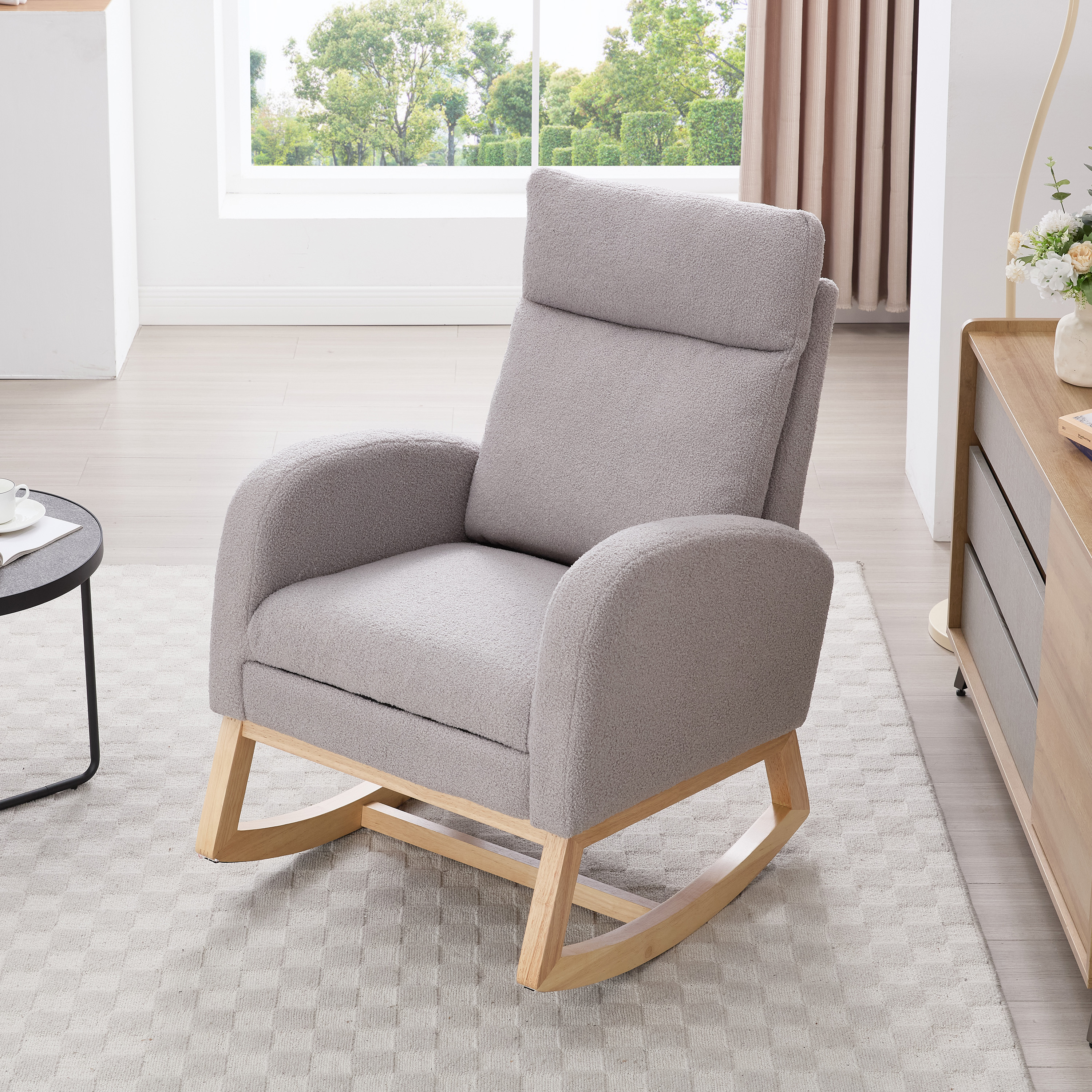 Fauteuil berçant 015B tissu teddy repose-pieds ajustable gris pâle