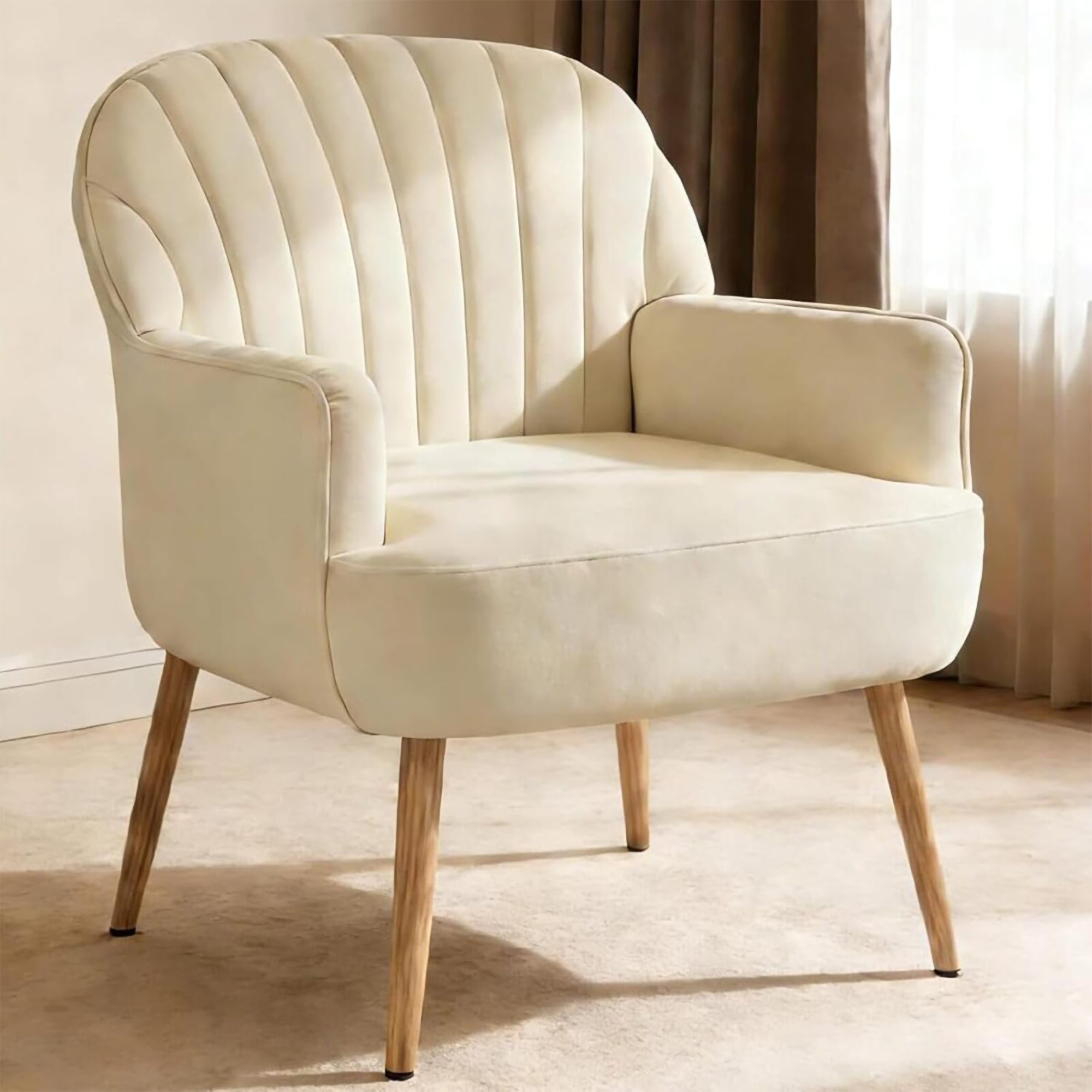 Fauteuil d'accent velours, chaise tonneau, pattes métal, beige