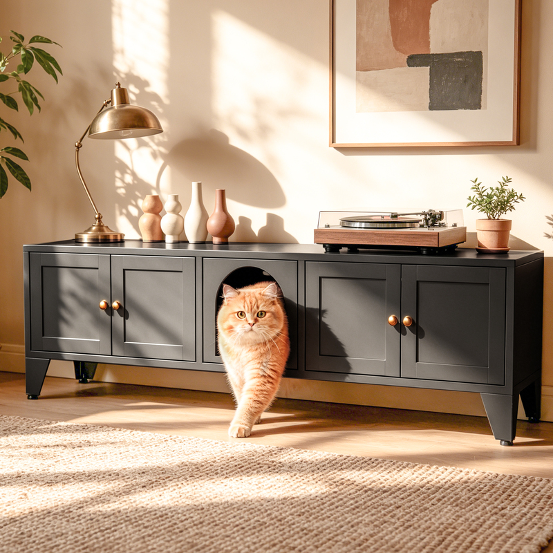 Meuble bac litière chat 58", 2 chats, noir, ventilé, ajustable