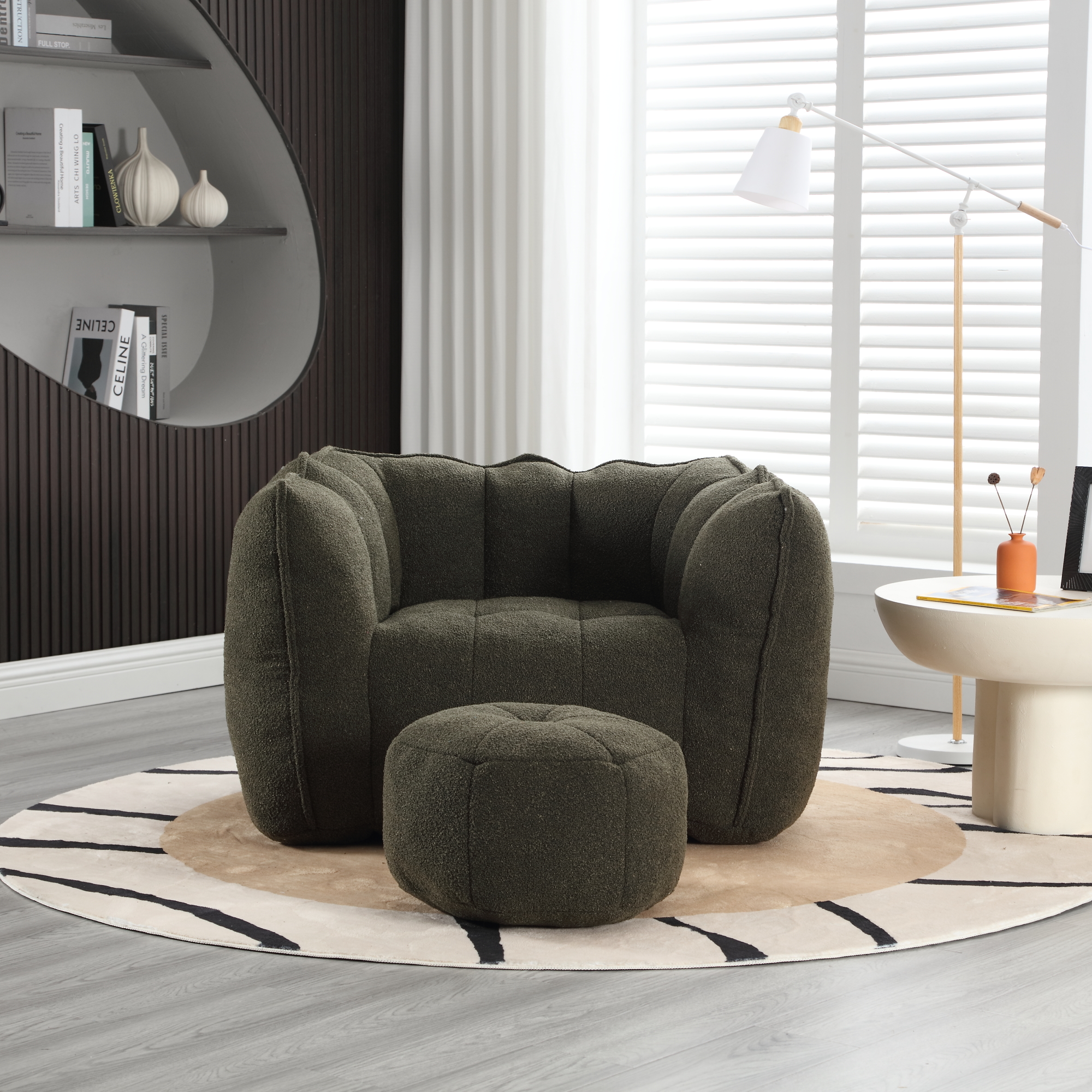 Fauteuil sac fève mousse résiliente gris carré tabouret