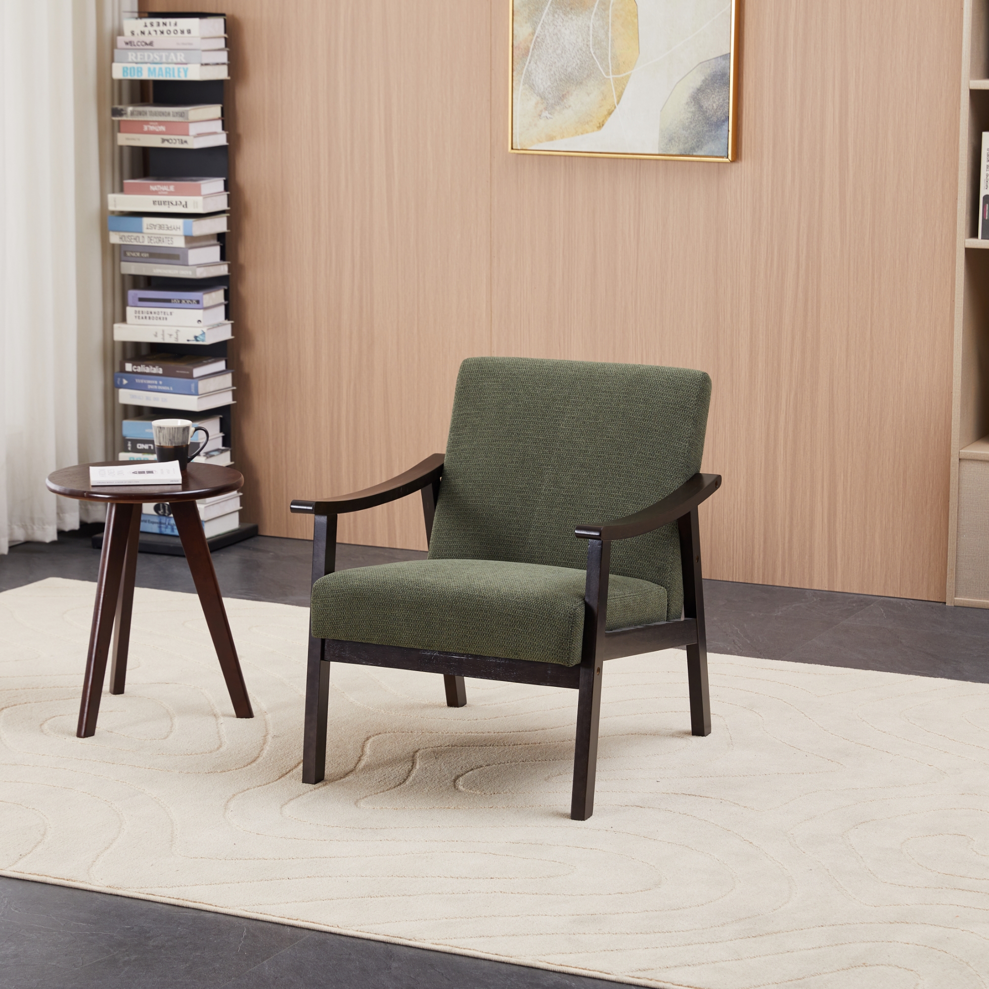 Fauteuil lecture haut dossier vert antique bois massif