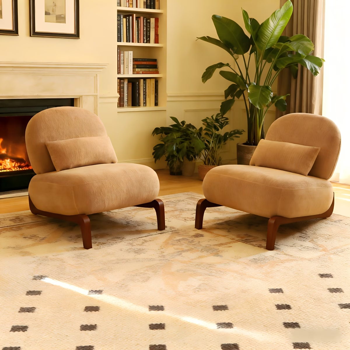 Fauteuil d'accent bois, coussin tissu, chaise lecture confortable, ensemble 2