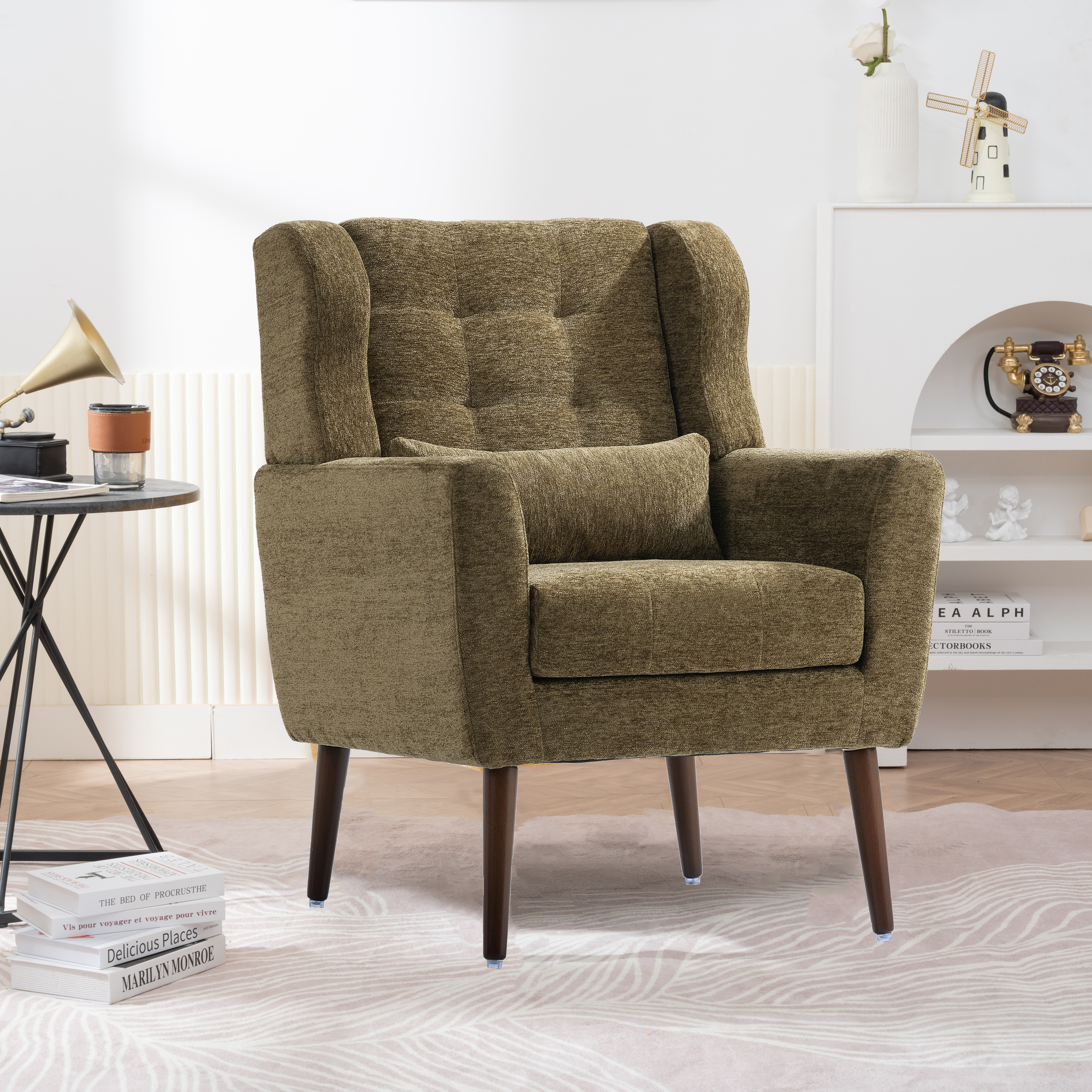 Fauteuil accent moderne tissu chenille, pieds bois, vert olive avec coussin
