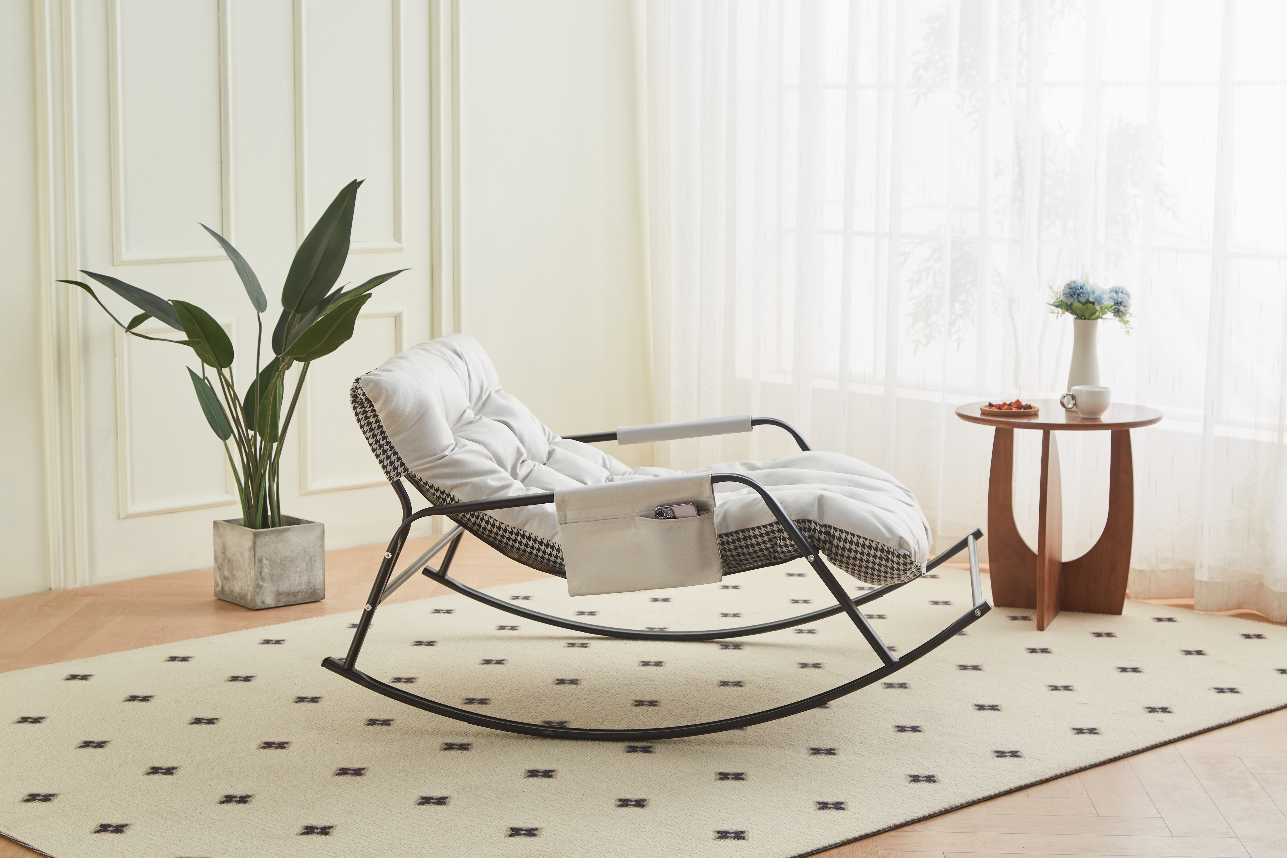 Chaise berçante cuir technique, fauteuil berceur moderne, blanc