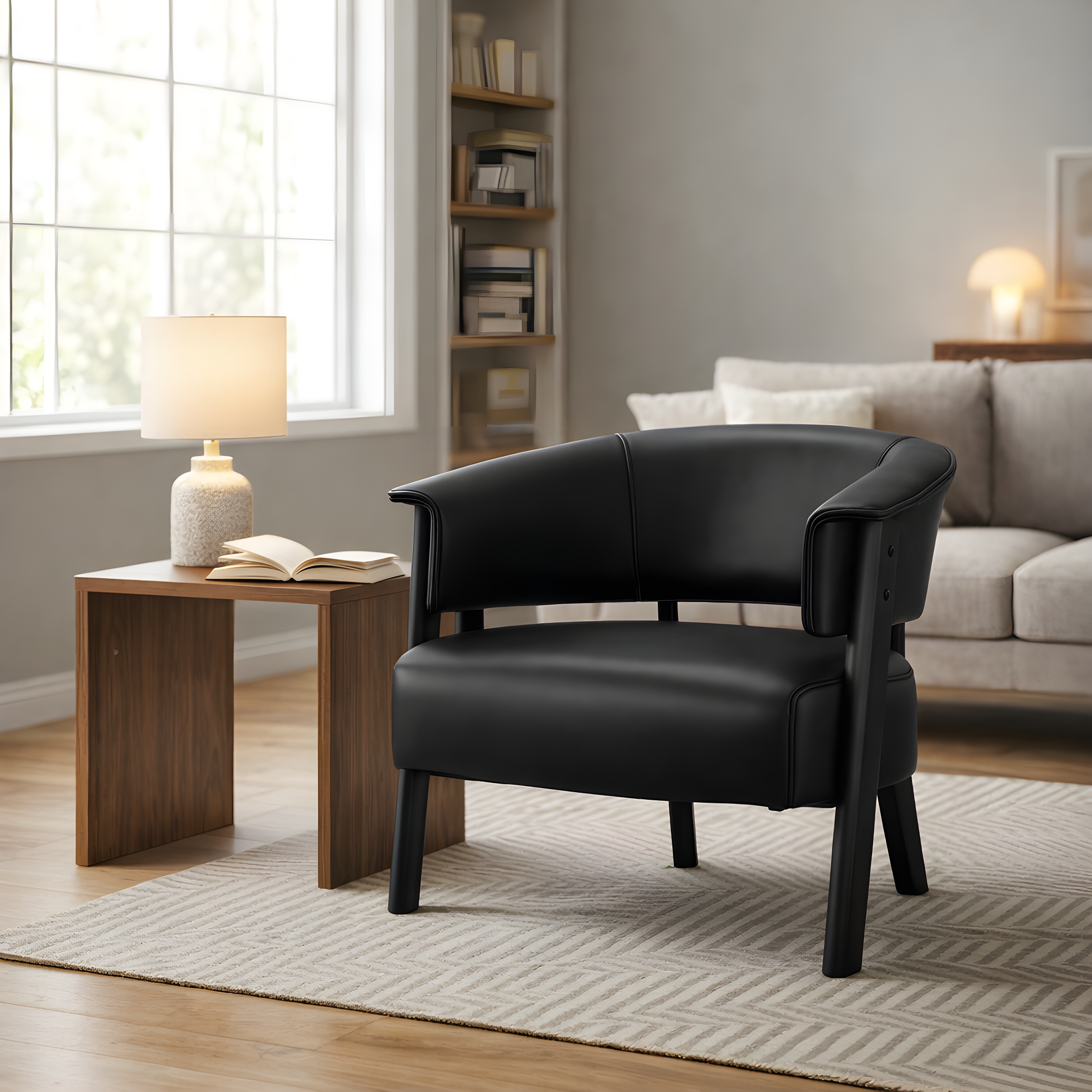 Fauteuil accent cuir synthétique noir dossier ailé