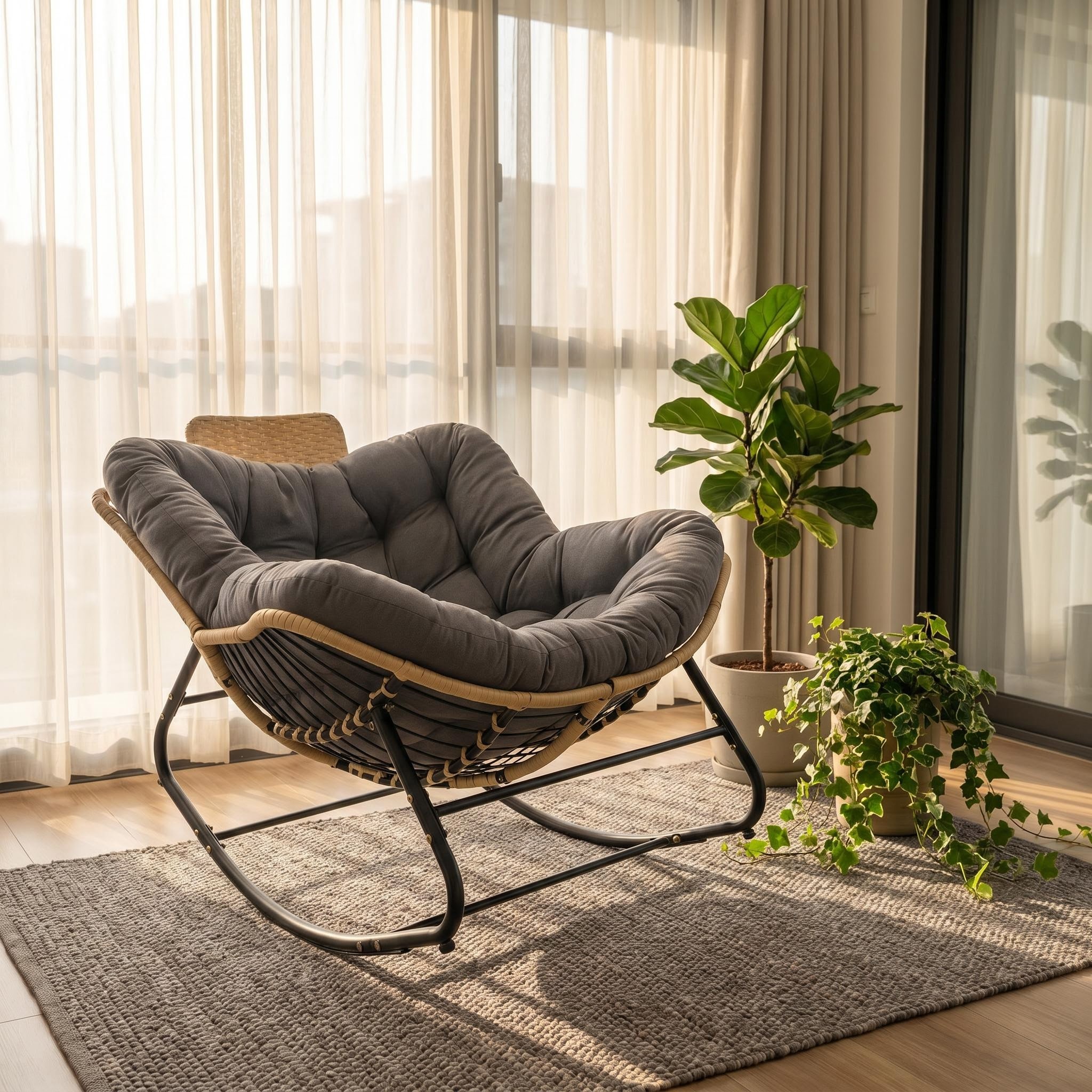 Chaise berçante papasan 39,37 po, œuf extérieur, rotin tissé gris