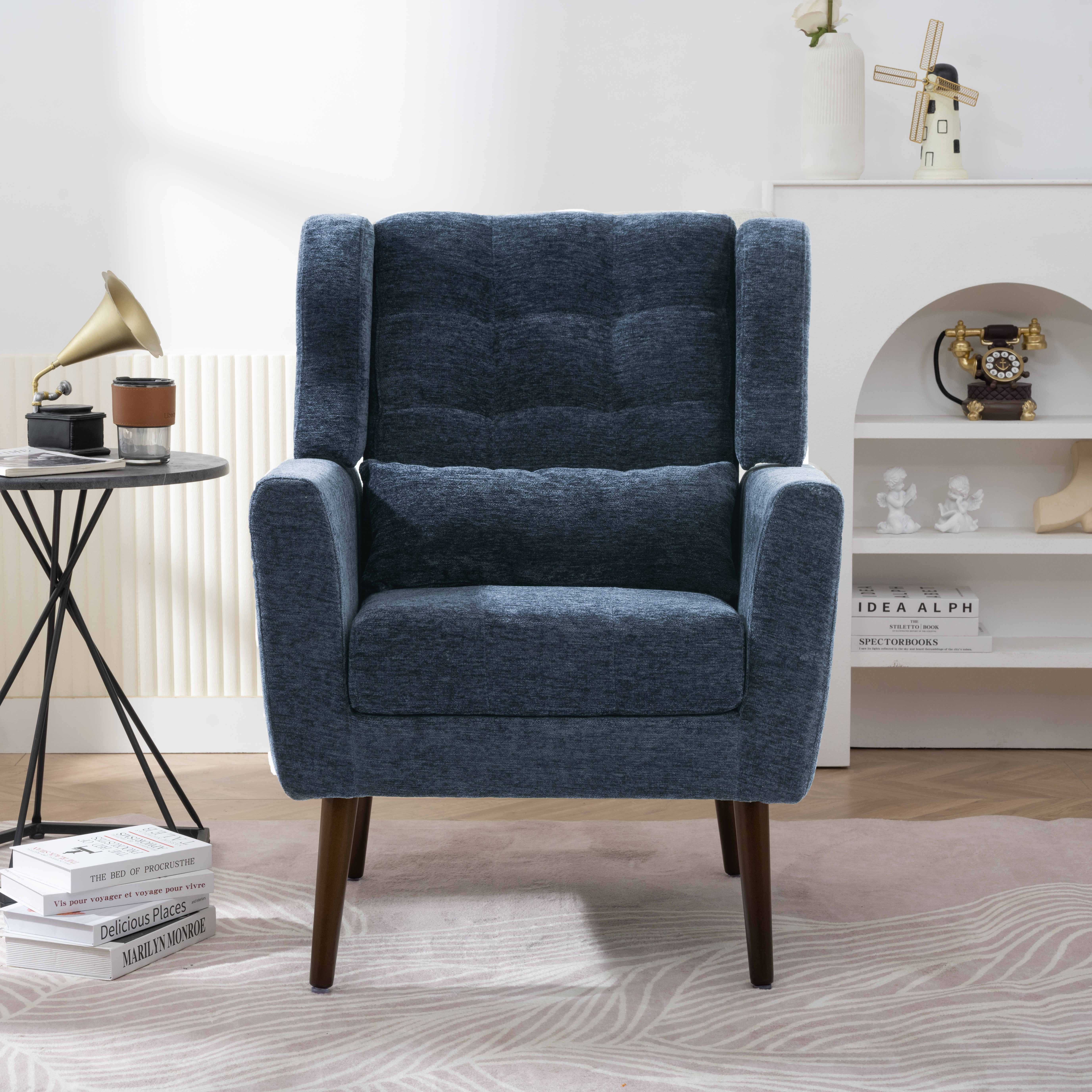 Fauteuil accent moderne tissu chenille, pieds bois, bleu foncé avec coussin