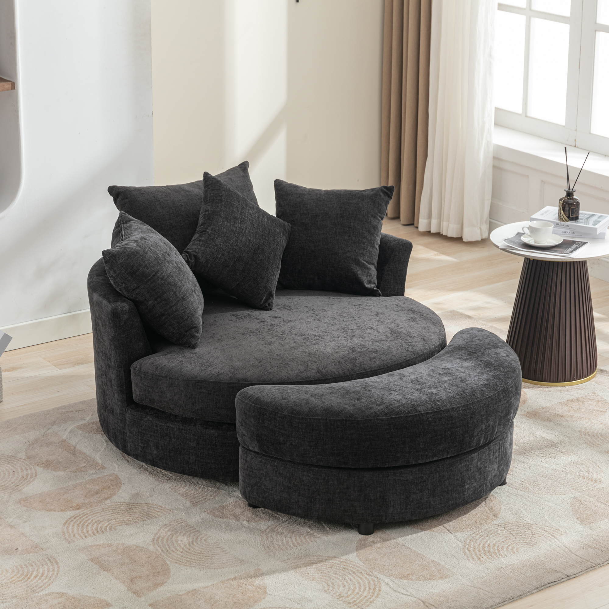 Fauteuil tonneau pivotant 360° Orisfur rangement ottoman et 4 coussins gris