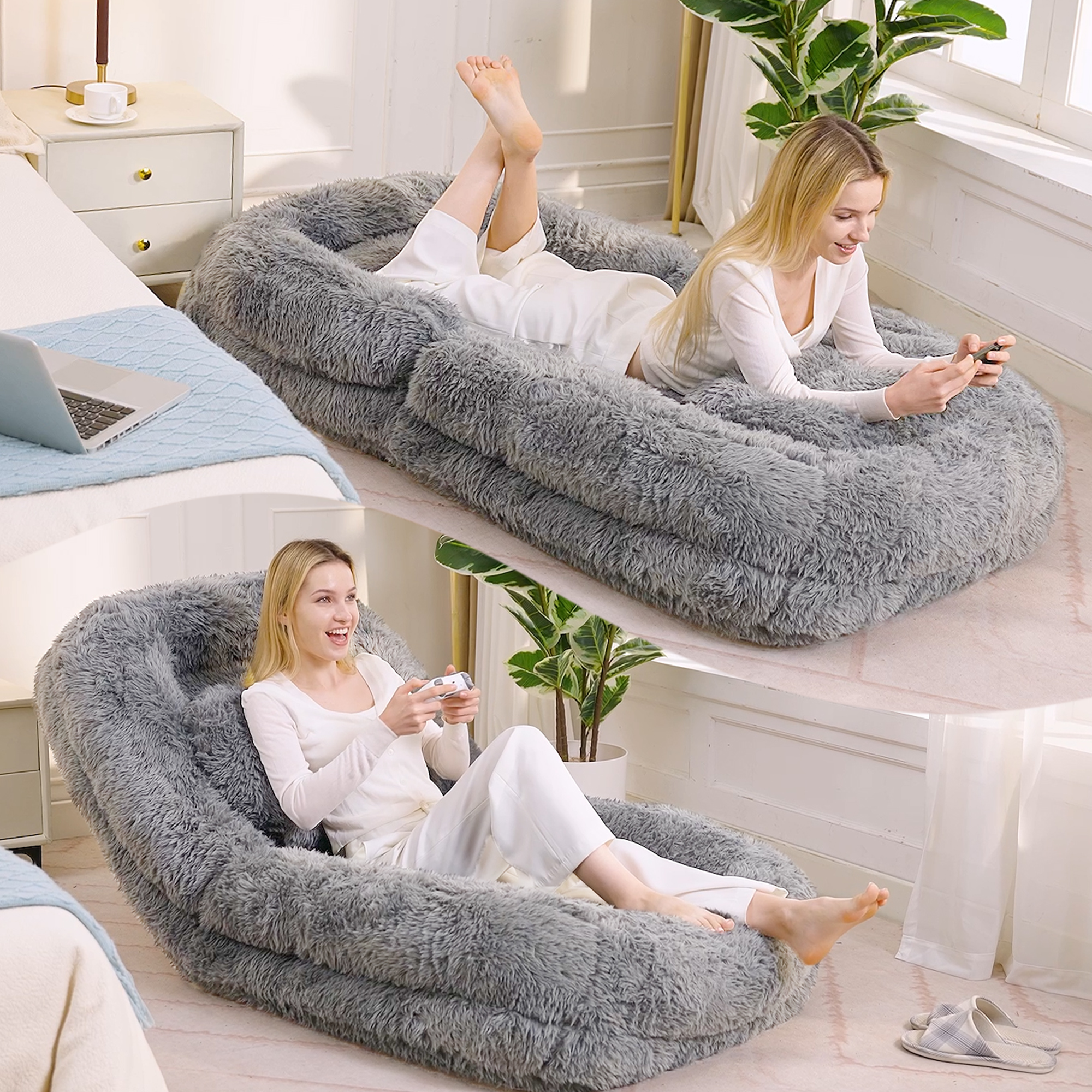 Lit humain chien convertible 5 positions, chaise jeu gris pâle