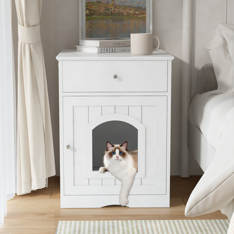 Meuble litière chat blanc bois, tiroir table nuit, animal