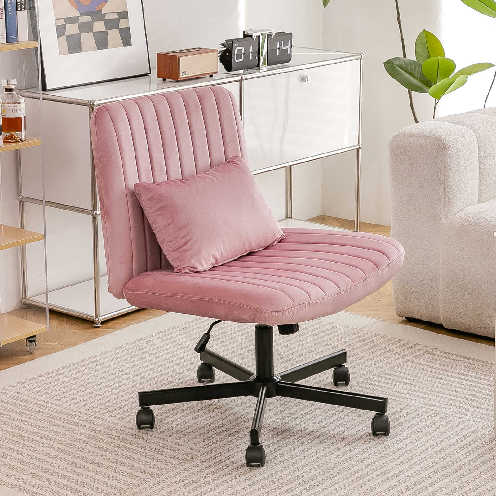 Chaise bureau rose velours sans bras roulettes méditation