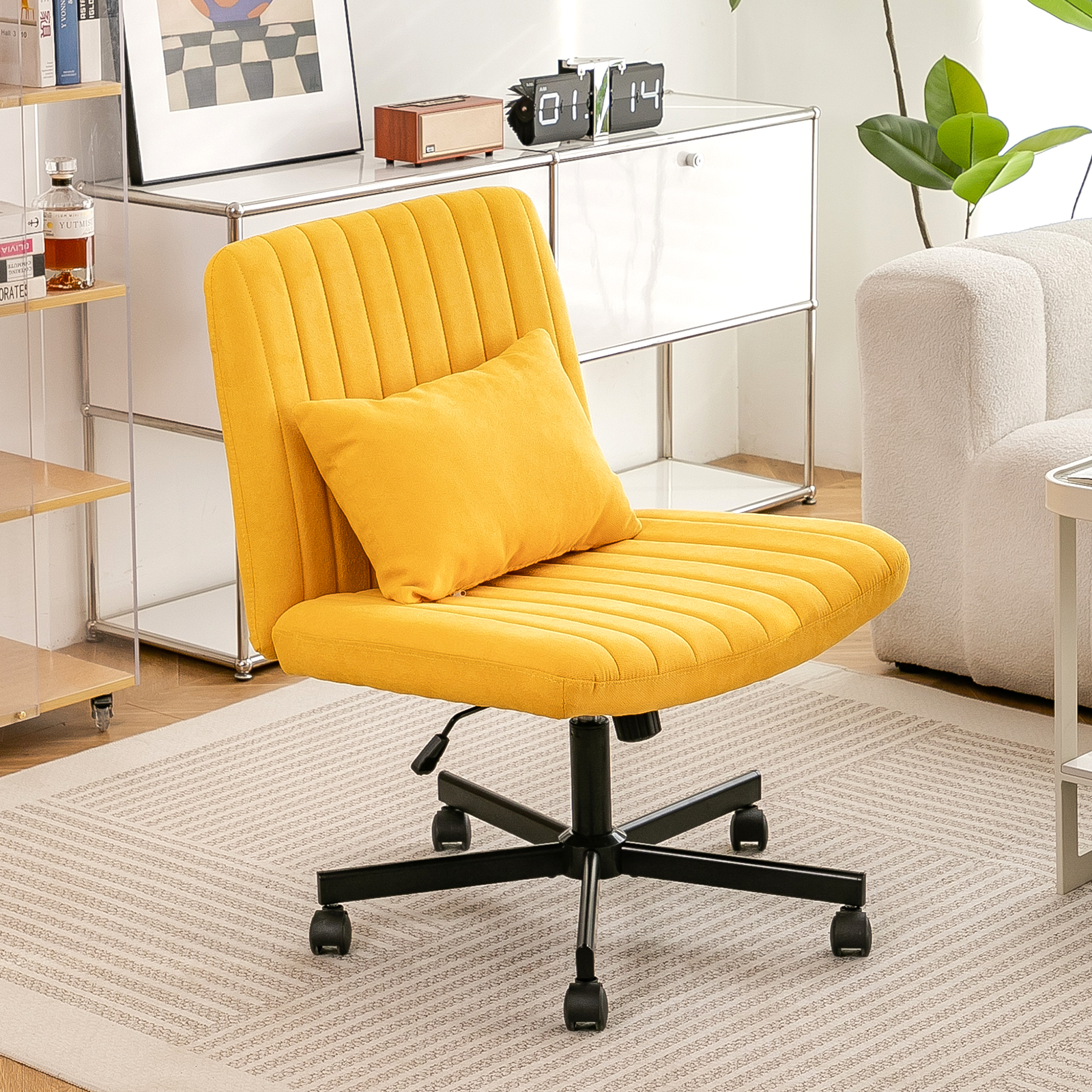 Chaise de bureau jaune lin sans bras à roulettes - Polyvalente