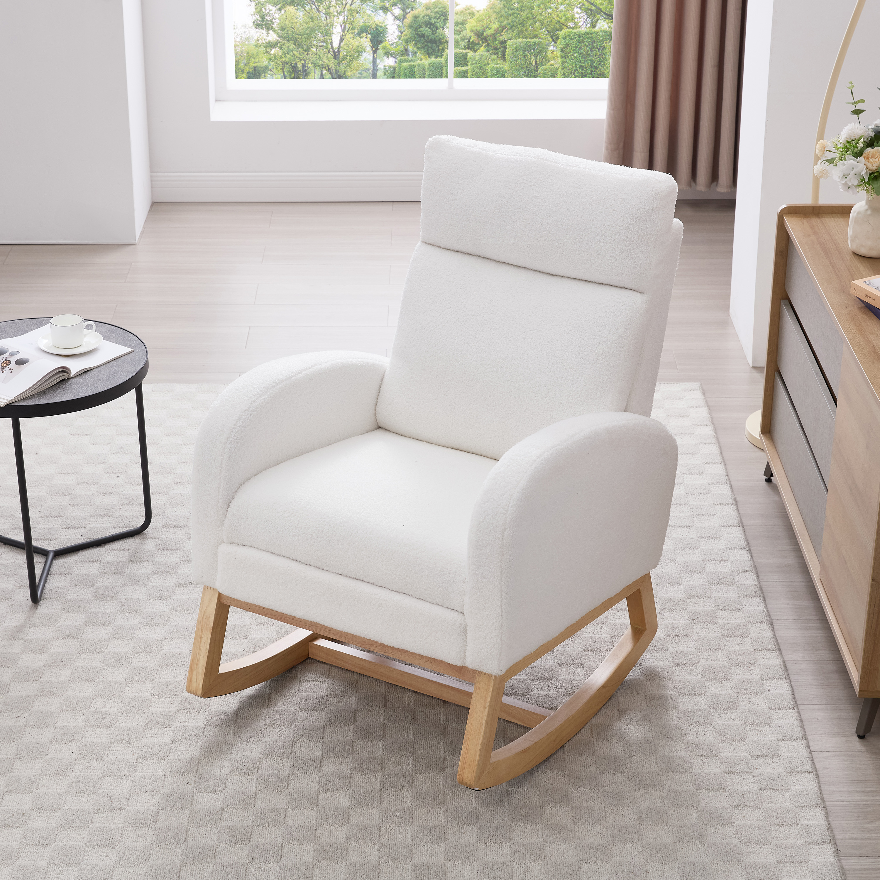 Chaise berçante 015B tissu, repose-pieds, bois, blanc
