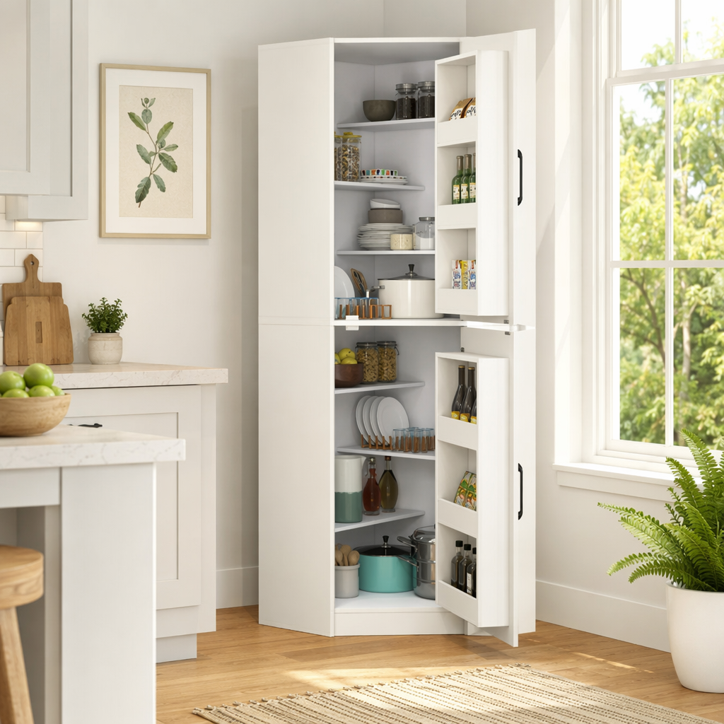 Garde-manger coin 70,87 po, portes, tablettes, blanc