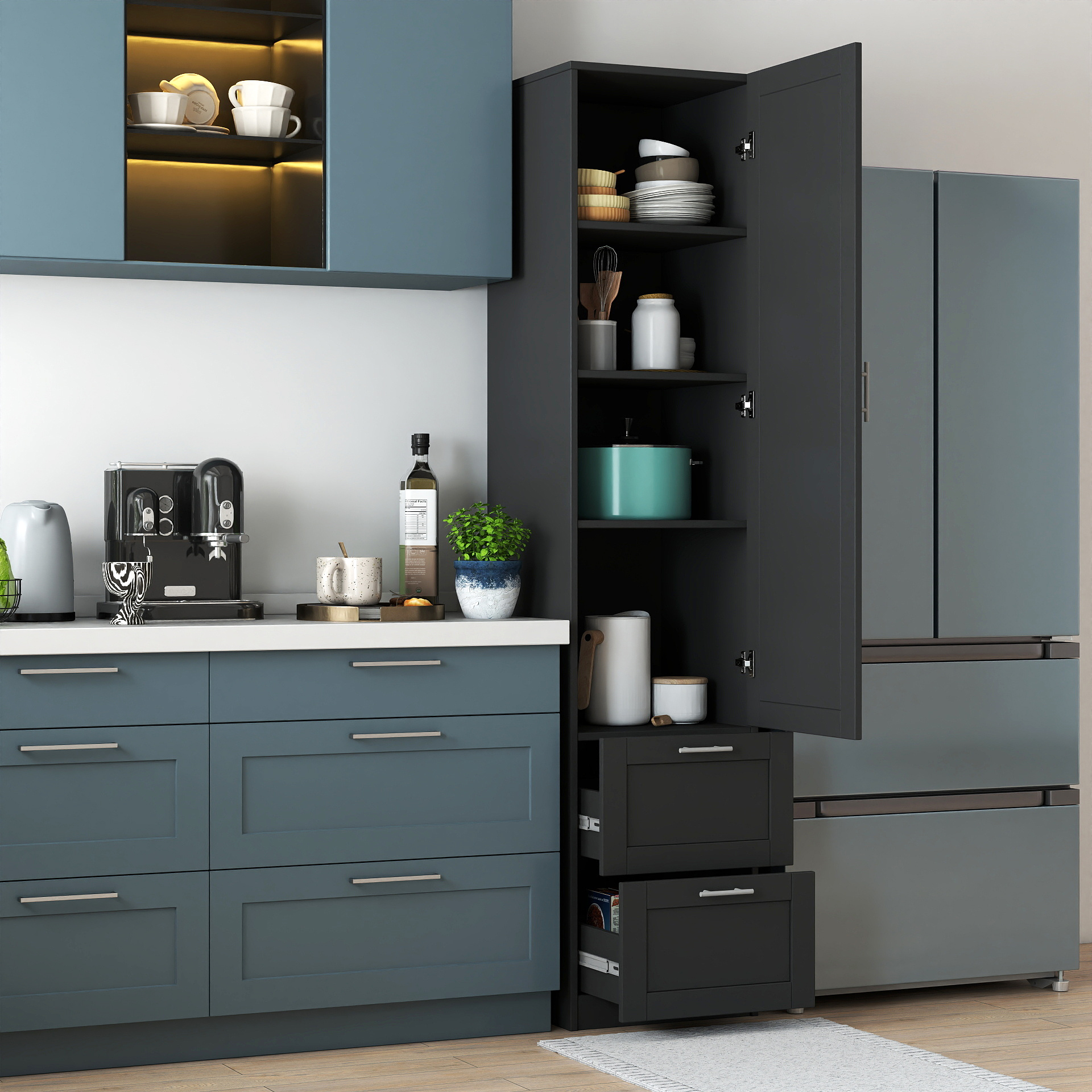 Garde-manger cuisine, armoire haute portes/tiroirs, noir