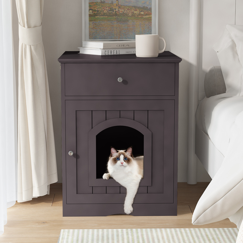 Boîte litière chat bois noire avec tiroir