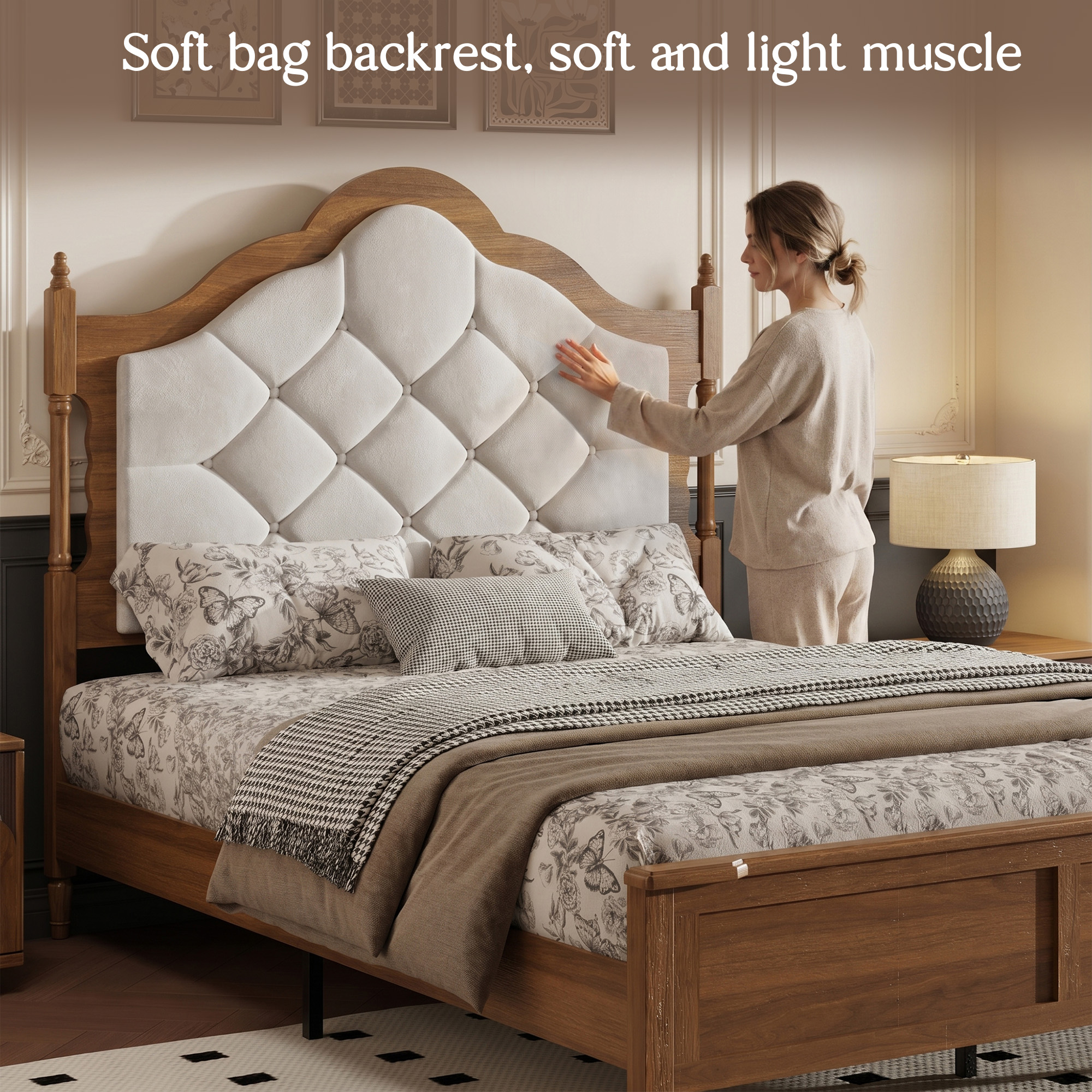 Lit Queen bois tête footboard rembourrée brun