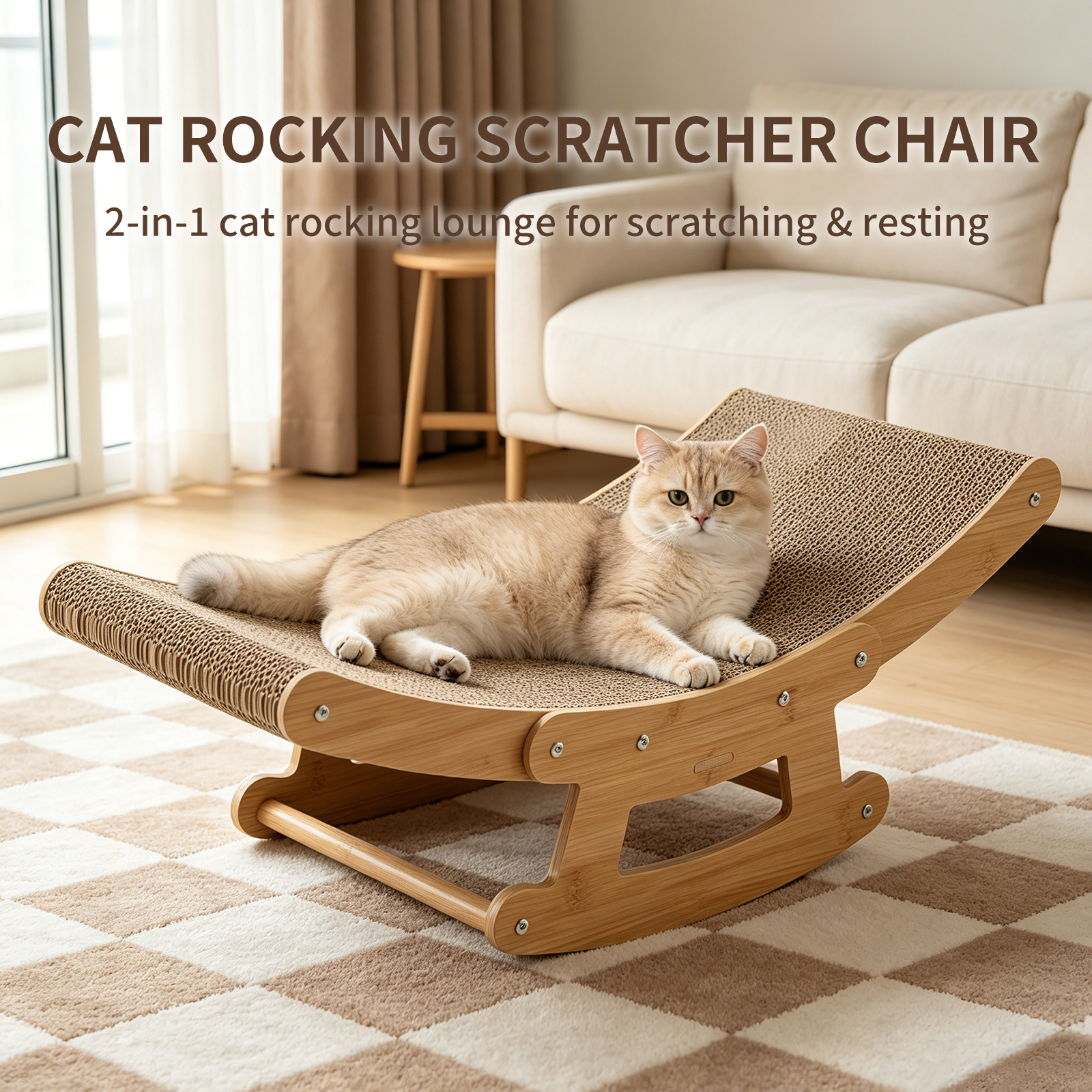 Grattoir chaise basculante chat bois, carton ondulé