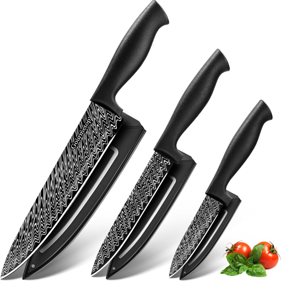 Ensemble 3 couteaux cuisine noir motif Damas, étuis inclus