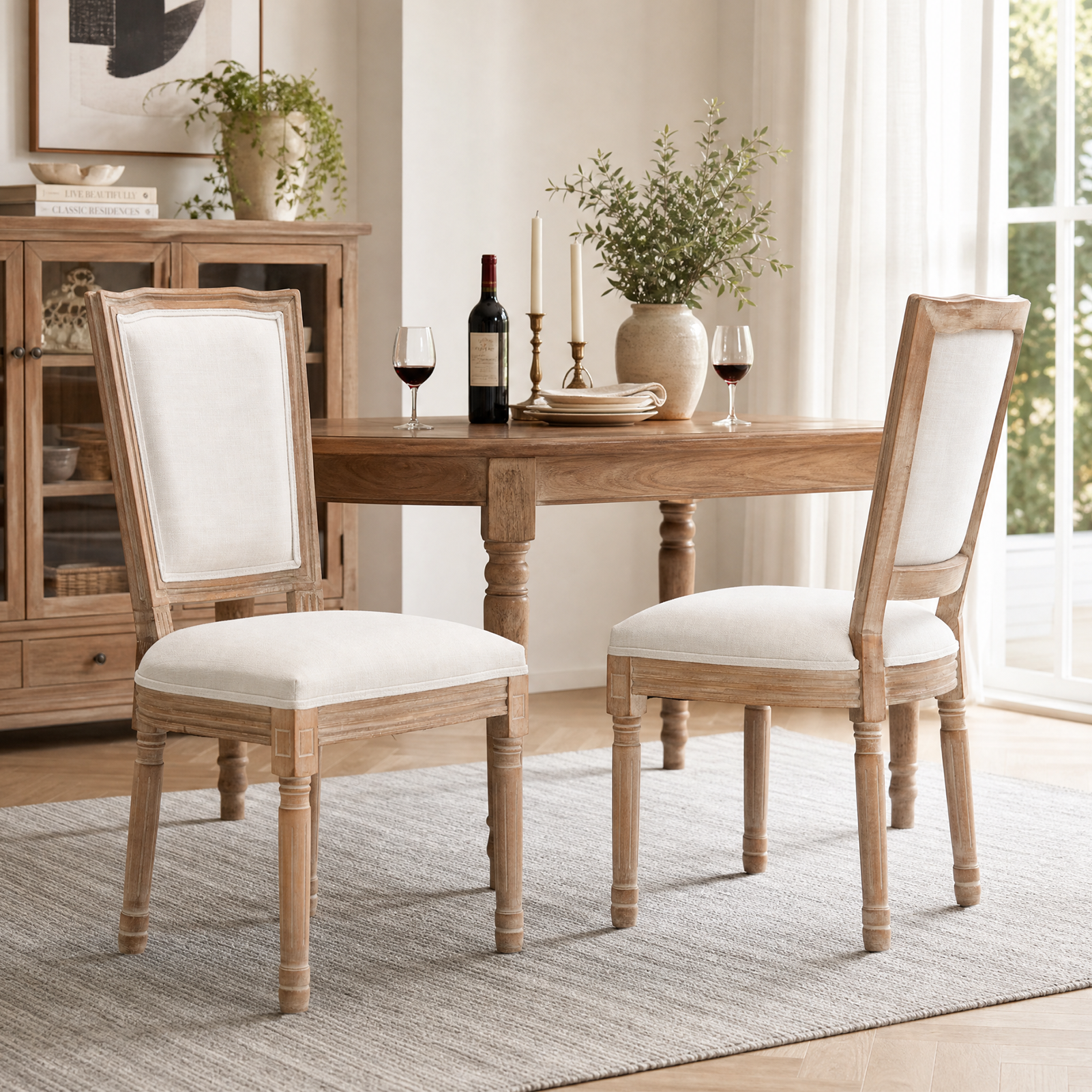 Chaises de salle à manger bois massif, siège lin rembourré, dossier large, beige, 2 pcs