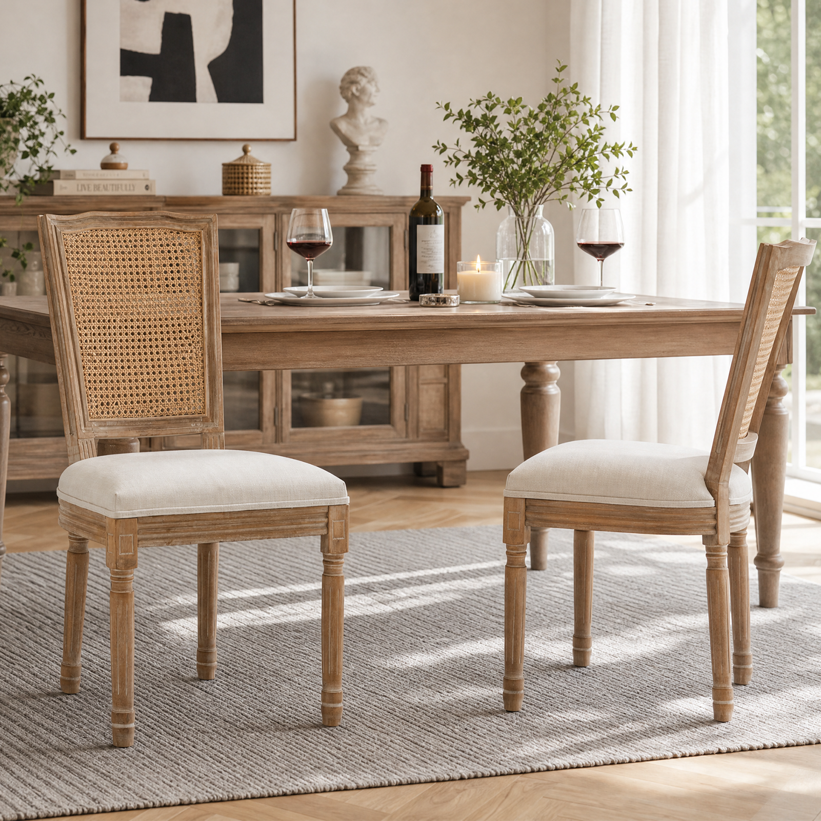 Chaises de salle à manger bois massif, siège lin rembourré, dossier large, beige, 2 pcs