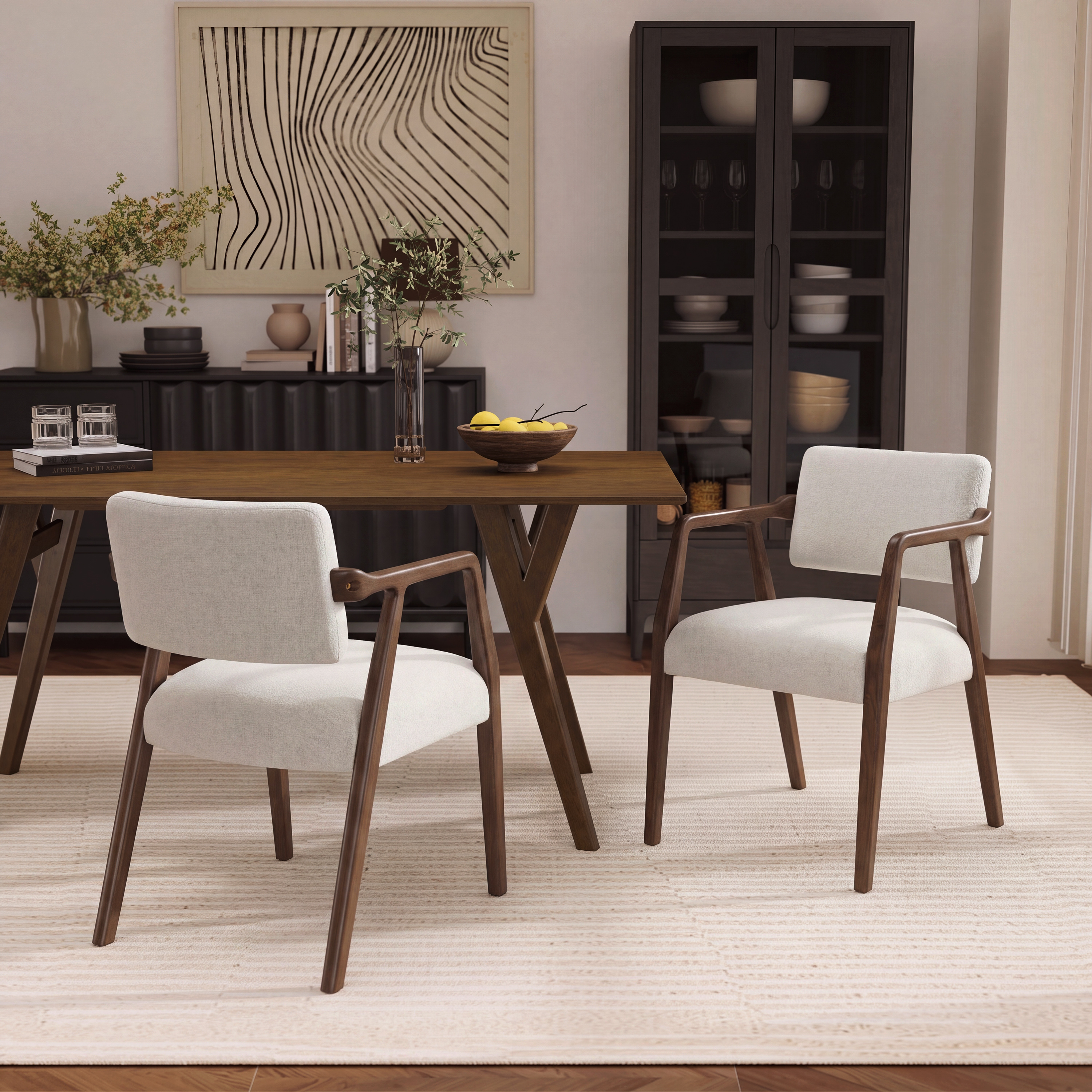 Chaises salle manger bois caoutchouc, ensemble 2, beige/brun