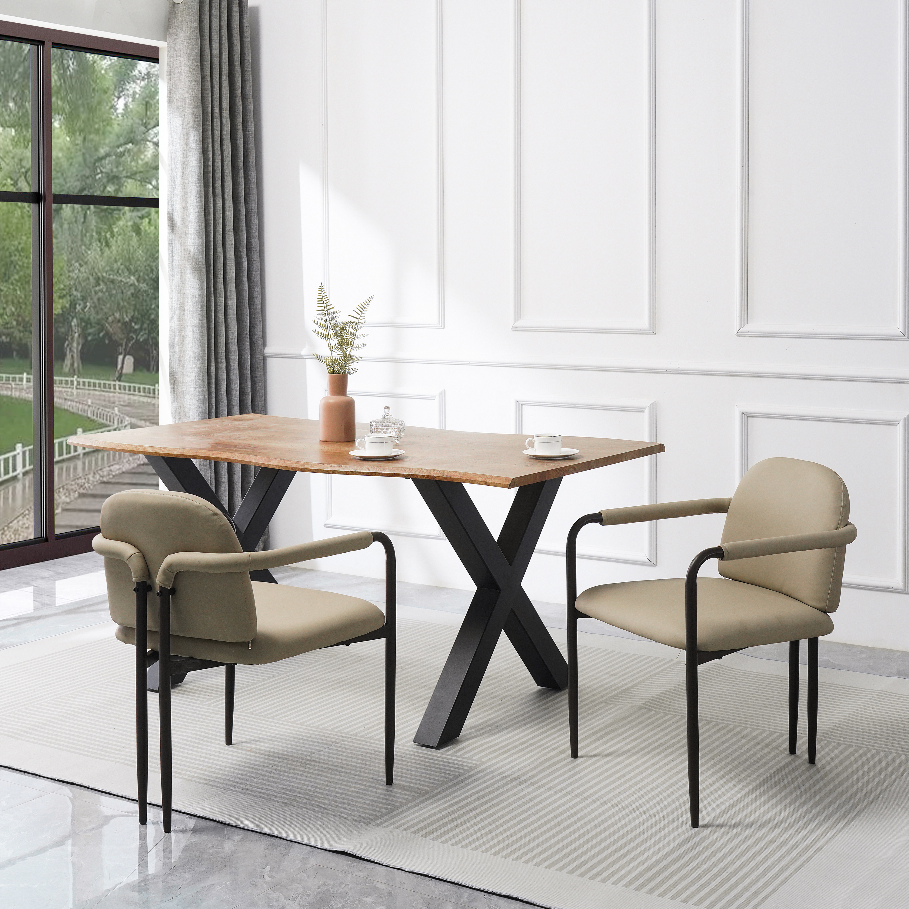 2 chaises din. cadre fer, espresso + khaki