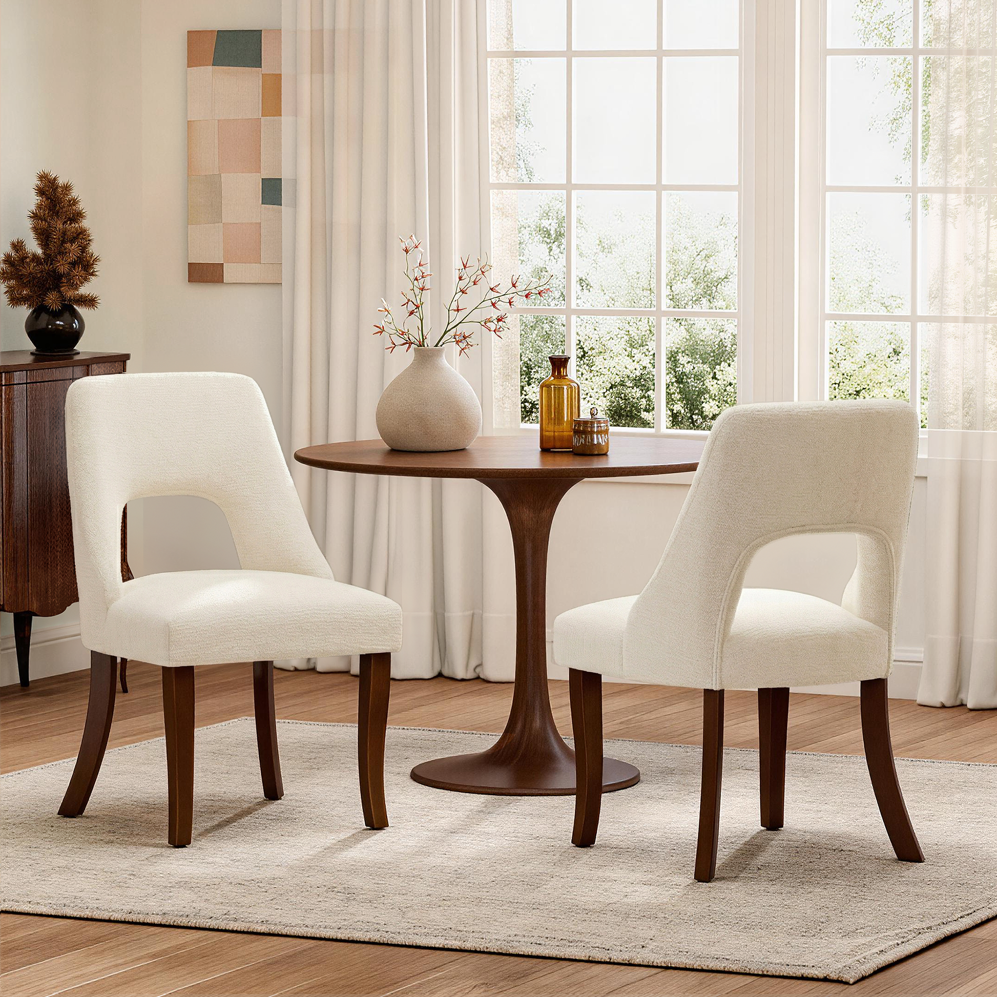 Ens. 2 chaises chenille, bois, piqûres, beige