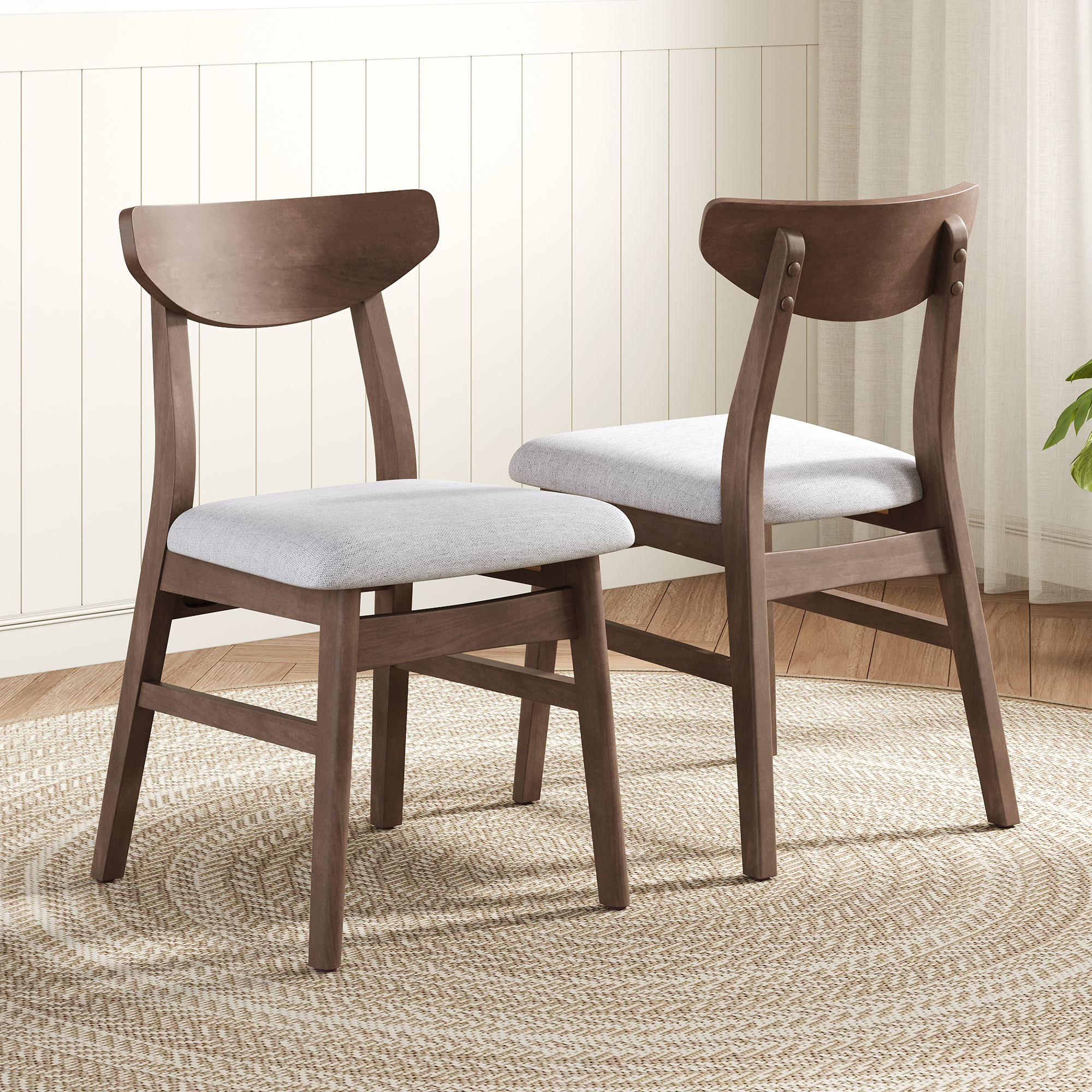 Ensemble 2 chaises scandinaves modernes, dossier courbe bois, siège gris