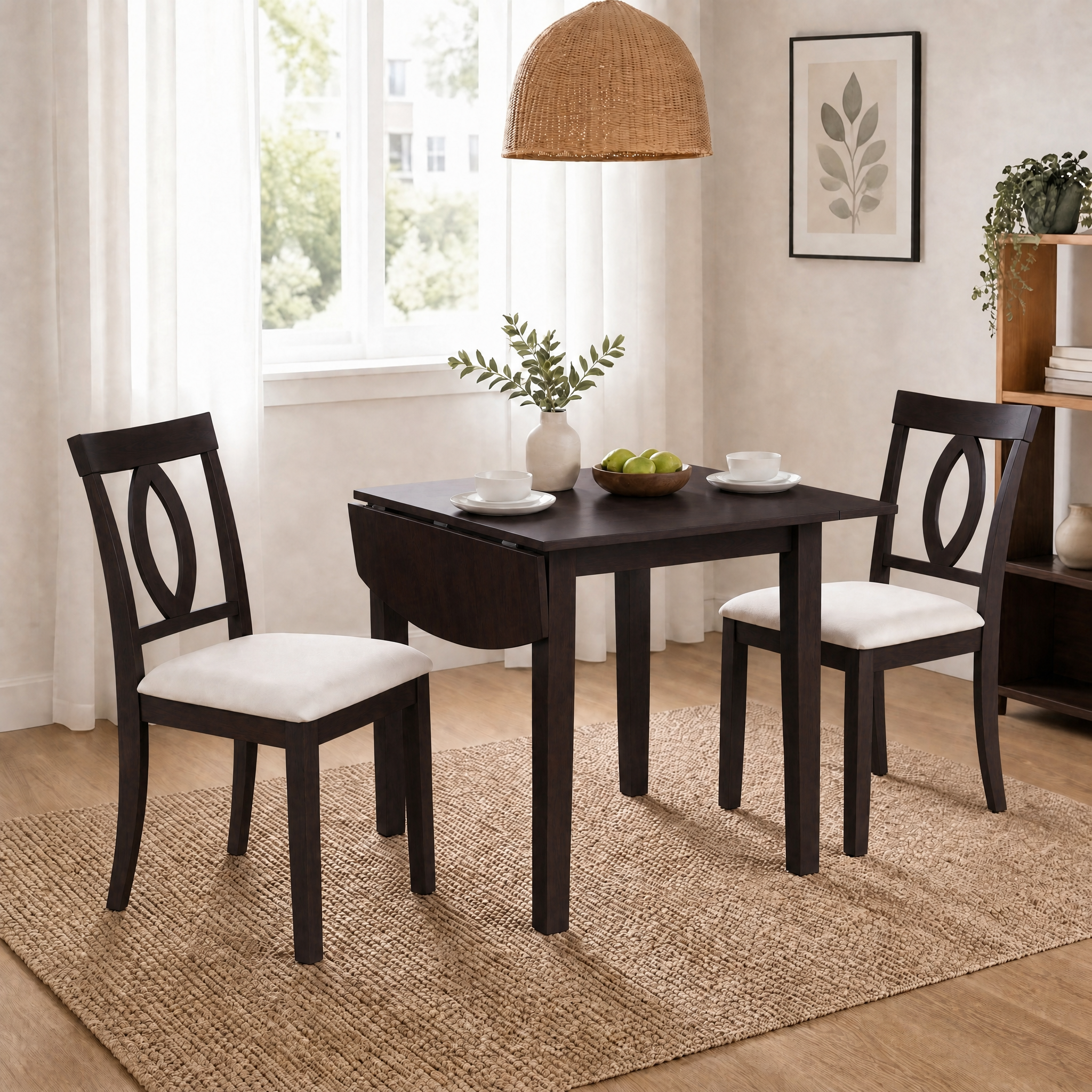 Ensemble salle à manger 3 pièces, table extensible, 2 chaises, brun foncé